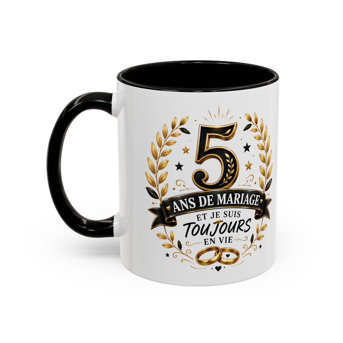 Mug 5 Ans de Mariage et Je Suis Toujours en Vie – Tasse Humoristique Anniversaire de Mariage – Idée Cadeau Couple Noces de Bois noir bleu rouge