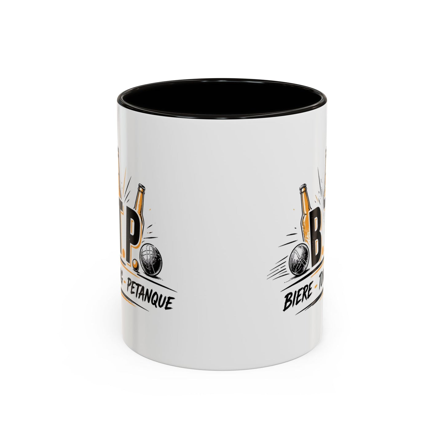 Mug B.T.P. Humoristique – Tasse Bière Tong Pétanque – Cadeau Original Apéro et Pétanque – Céramique 325ml Noir Bleu Rouge