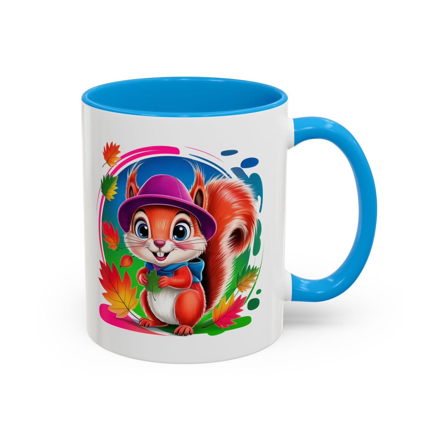 Mug Écureuil Mignon – Tasse Animal Automne Feuilles Colorées Kawaii – Cadeau Original Enfant Adulte – Céramique 325ml Noir Bleu Rouge