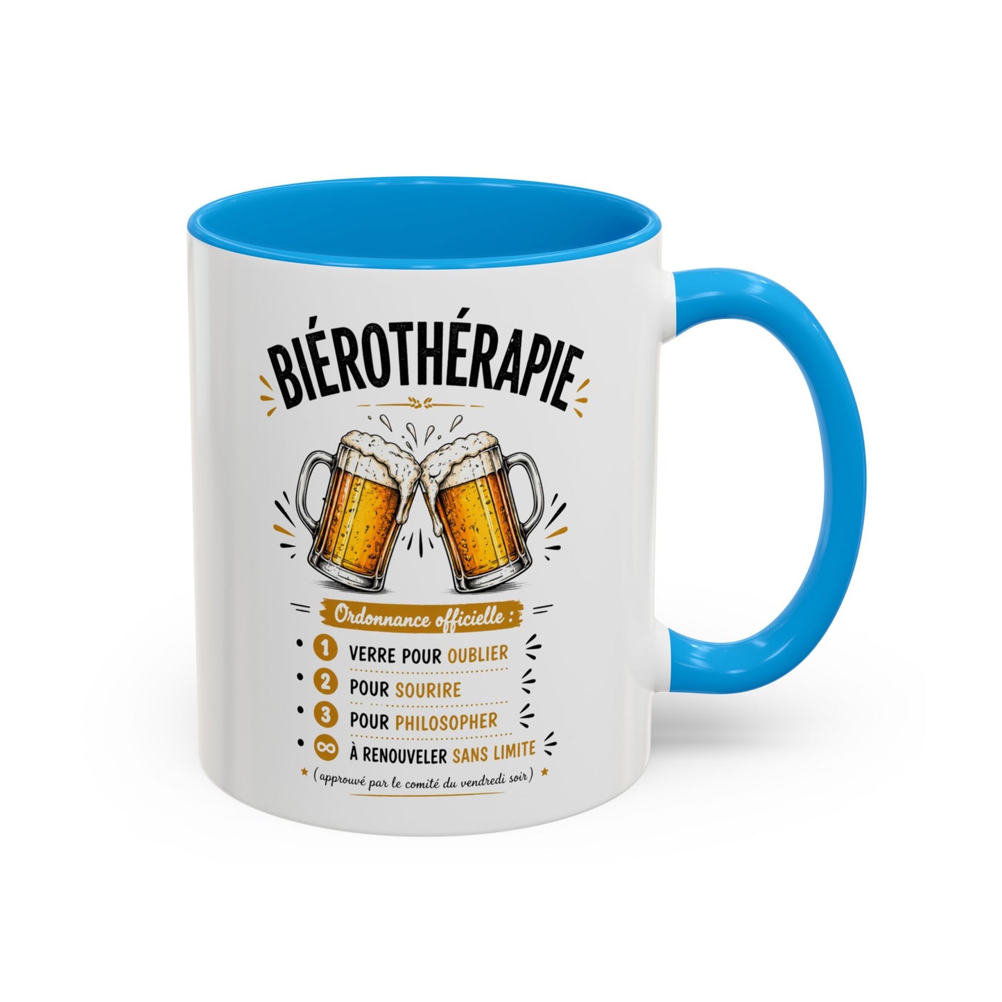Mug Bièreothérapie Drôle – Tasse Humour Bière et Apéro – Cadeau Original Amateur de Bière – Céramique 325ml Noir Bleu Rouge