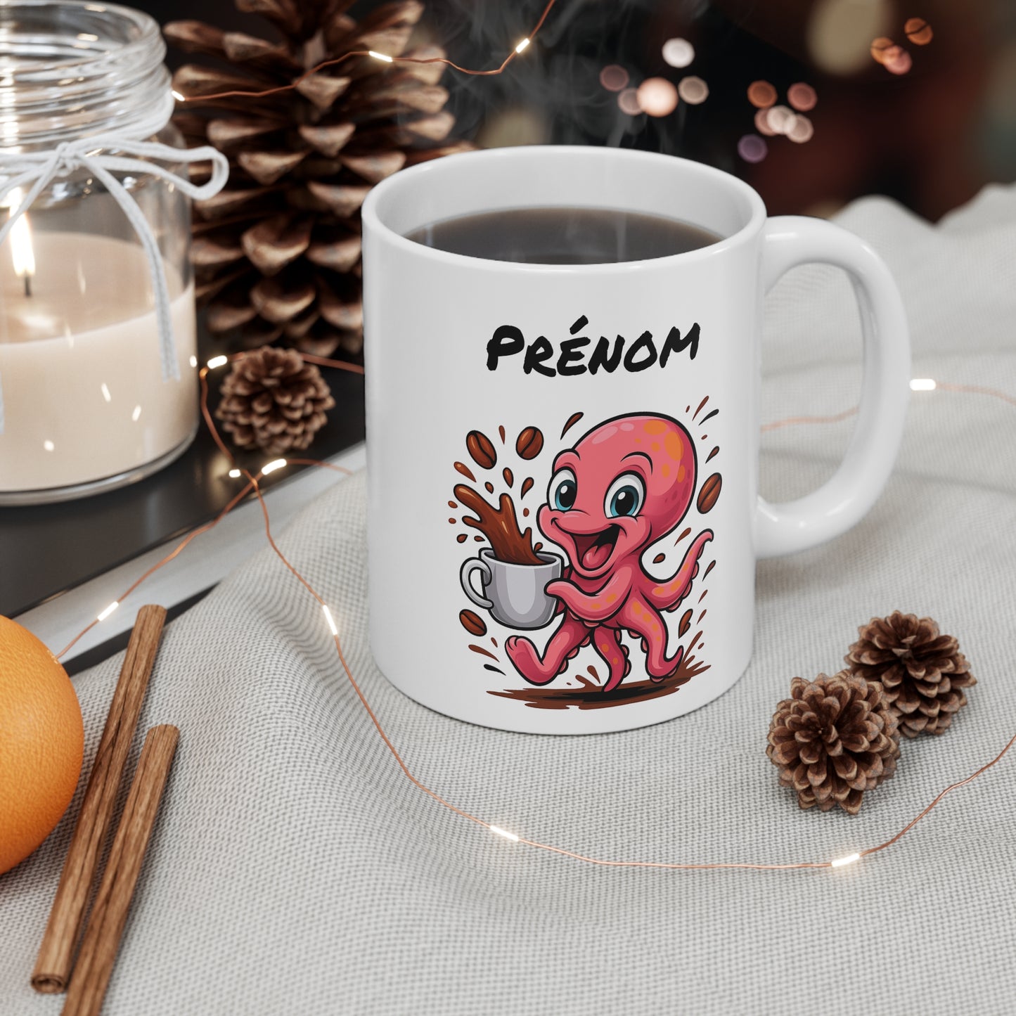 Tasse Personnalisable Pieuvre Café – Mug Prénom Cartoon – Cadeau Original Amateur de Café 325ml