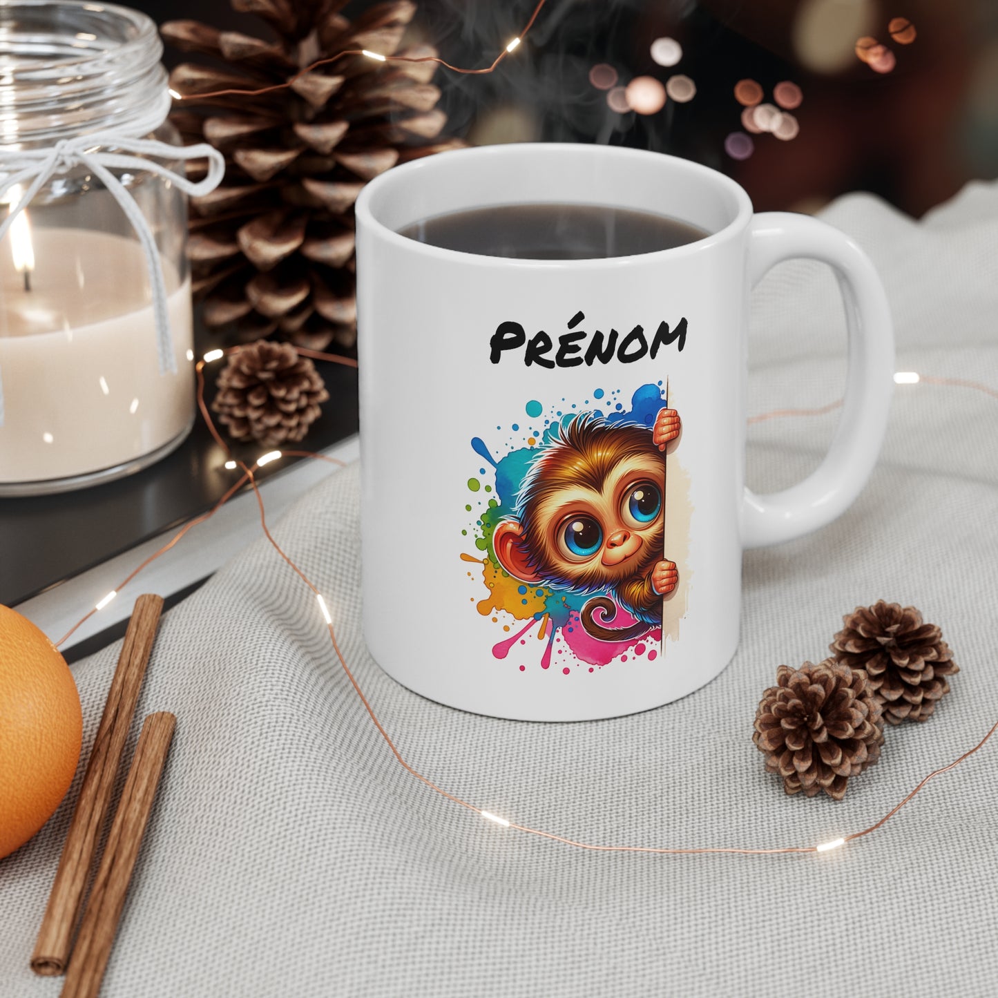Tasse Personnalisable Singe Mignon – Mug Prénom Illustration Colorée – Cadeau Animal Tropical Rigolo 325ml