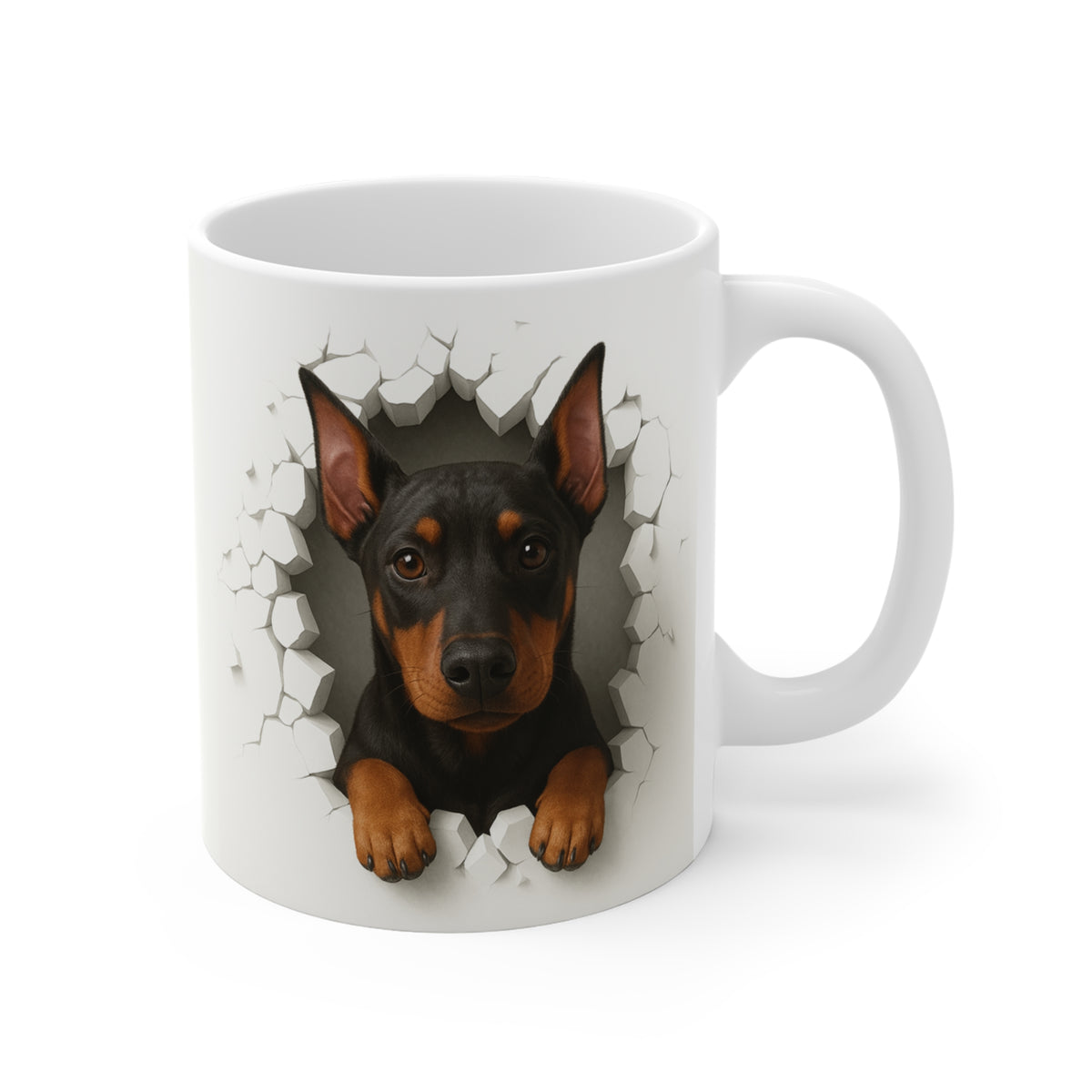 Mug Dobermann Effet Mur Cassé – Tasse Chien 3D Trompe-l’œil – Cadeau Original Amoureux du Dobermann