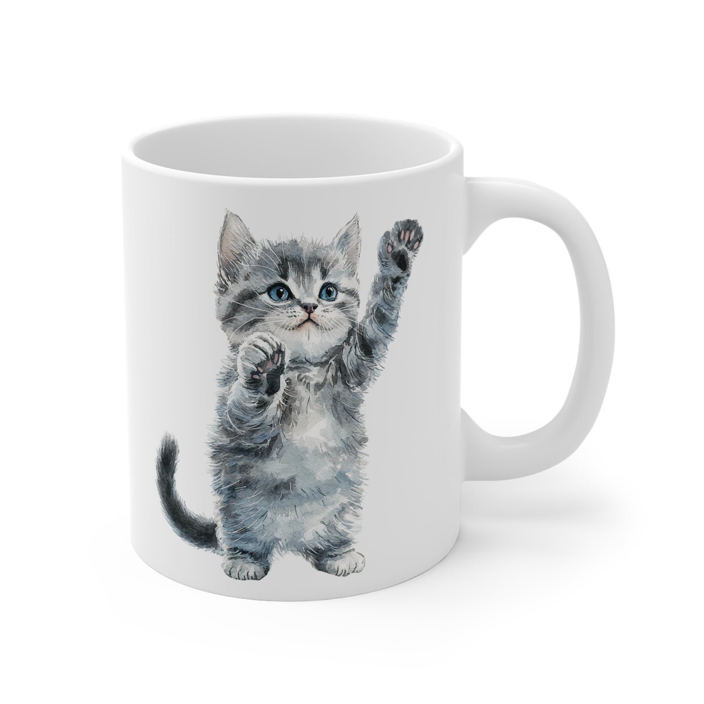 Tasse Chaton Gris Aquarelle – Mug Céramique 325 ml – Cadeau Mignon pour Amoureux des Chats