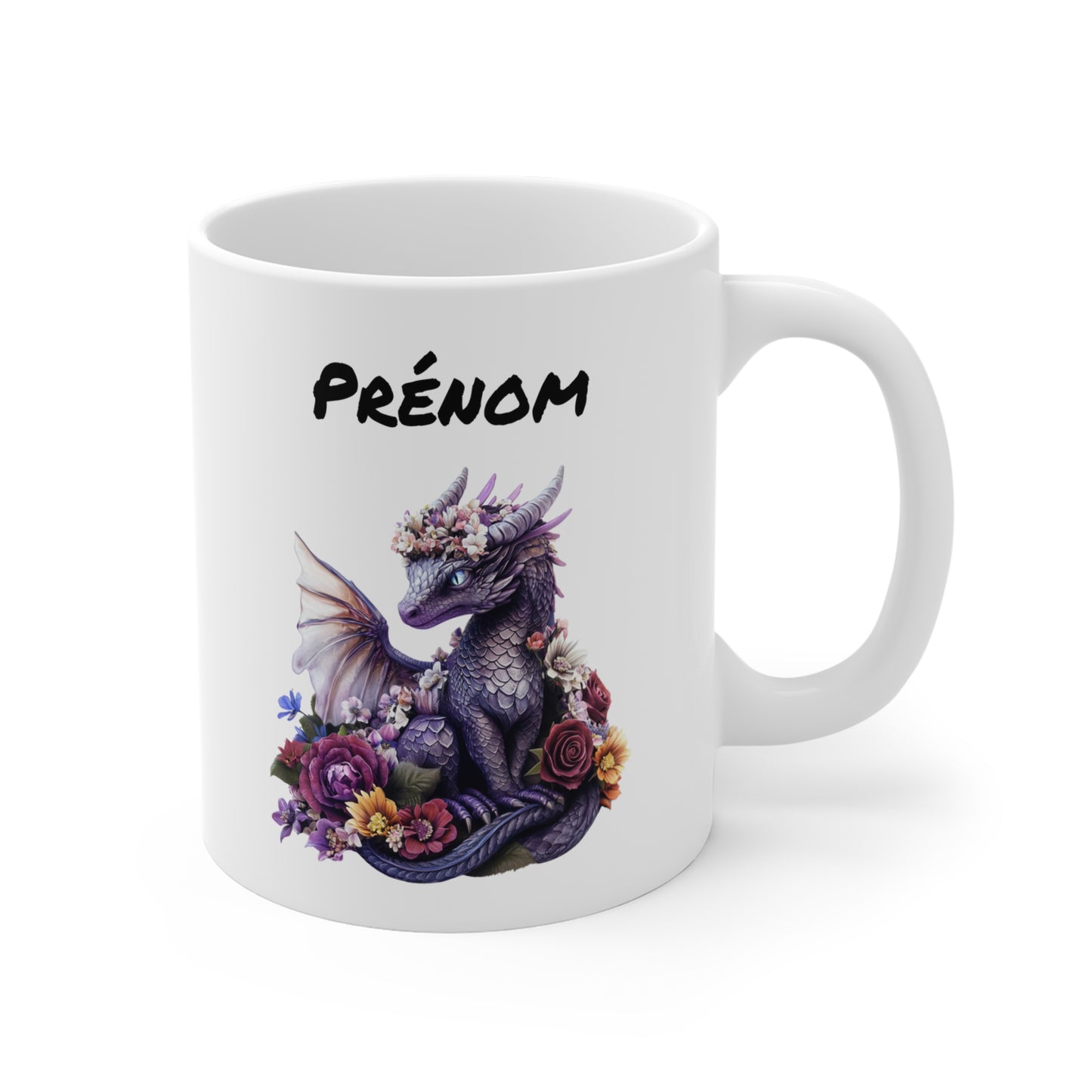 Tasse Personnalisable Dragon Violet et Fleurs – Mug Prénom Fantasy Bohème – Cadeau Magique Féérique 325ml