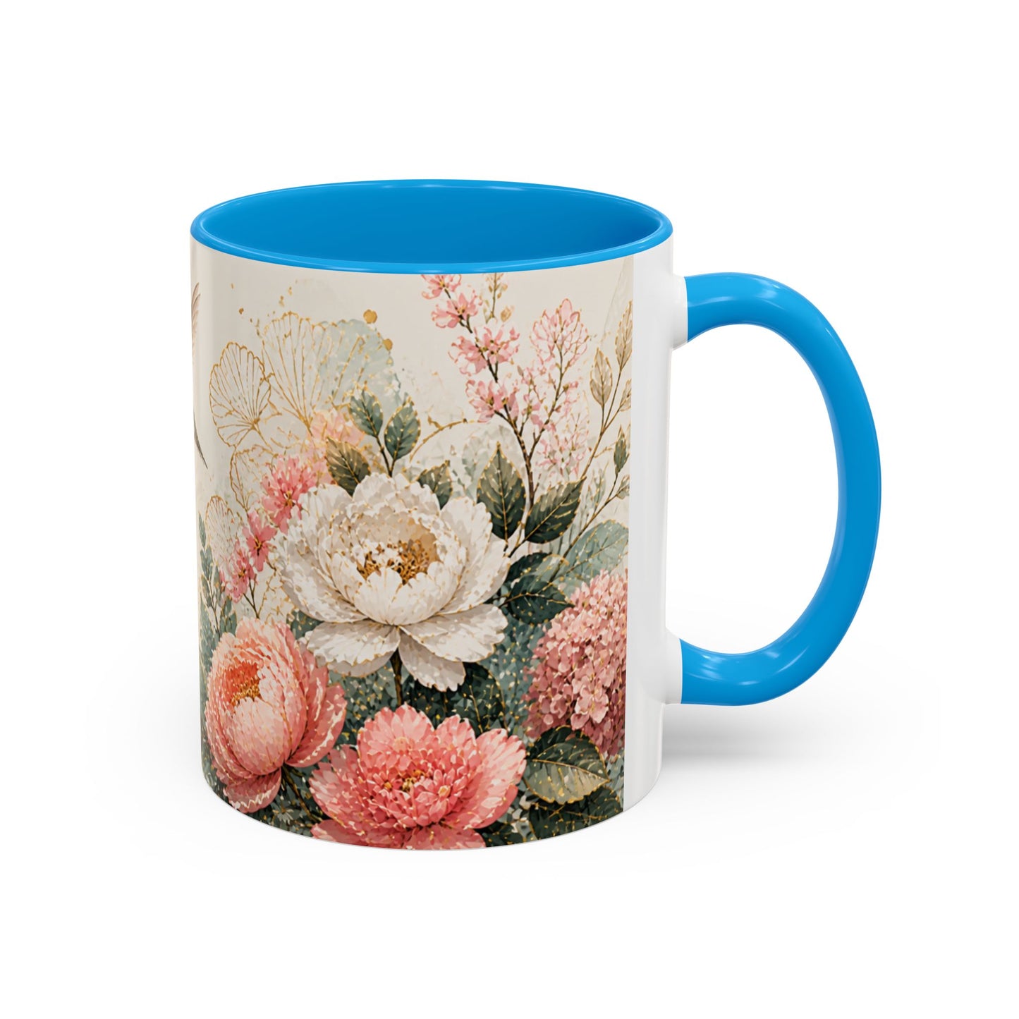 Tasse Florale Colibri et Pivoines – Mug Aquarelle Chic avec Fleurs Roses et Blanches – Design Nature 325ml