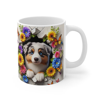 Tasse Céramique Berger Australien et Fleurs – Mug Chien Mignon Papillons – Cadeau Animaux Bohème 325ml