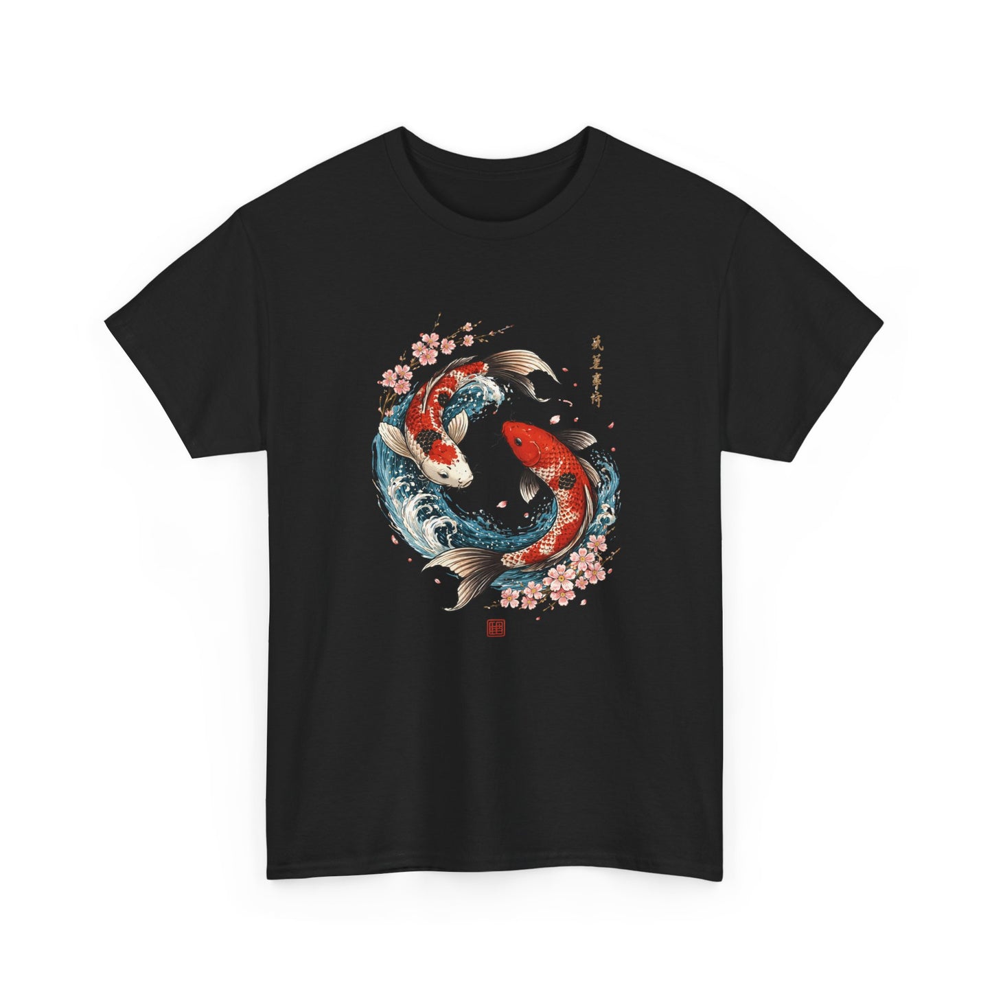 T-Shirt Carpe Koi Japonaise Yin Yang – Design Sakura et Vagues – Tee-Shirt Art Japonais Traditionnel