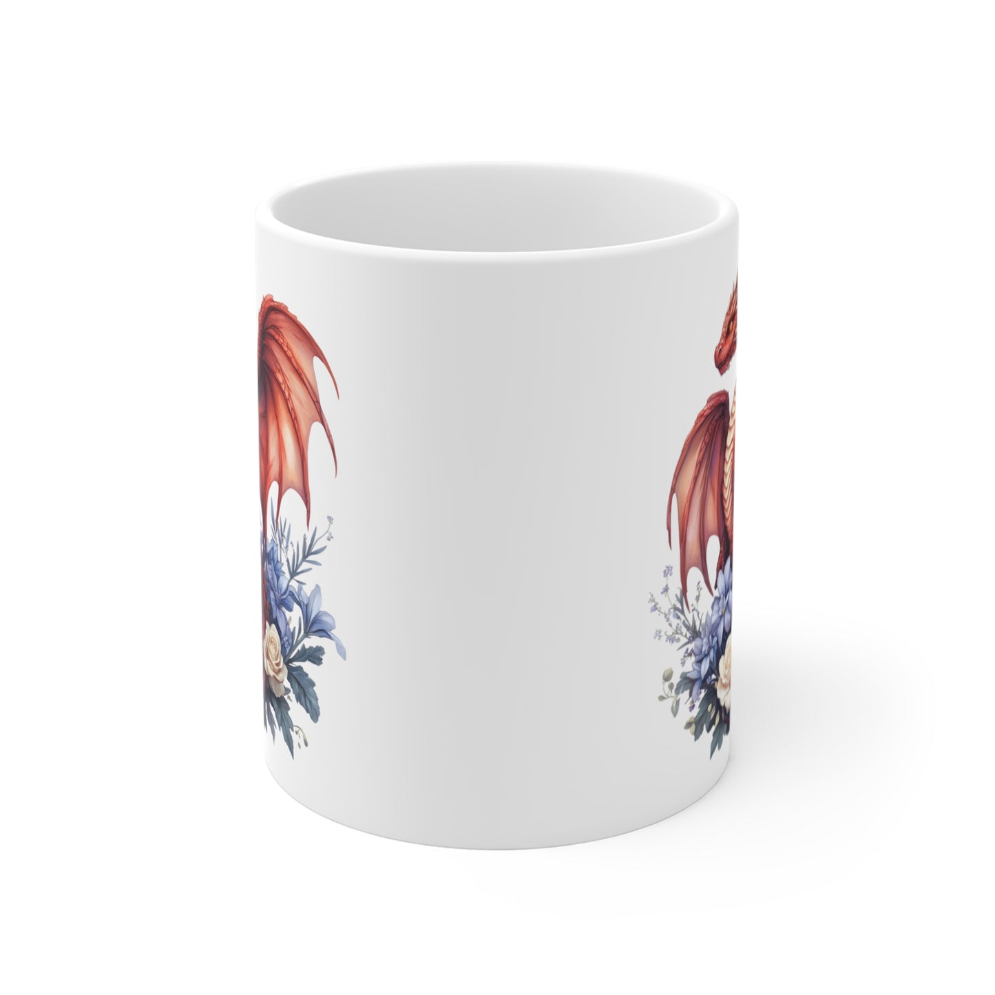 Mug Dragon Rouge et Fleurs Bleues – Tasse Fantasy Élégante et Magique – Cadeau Céramique 325ml