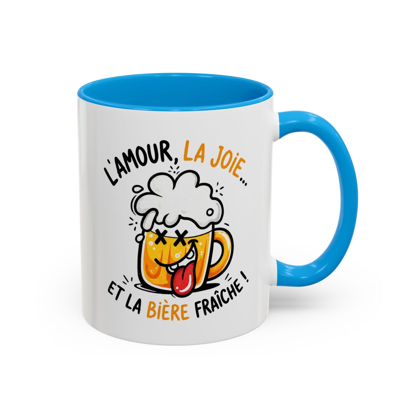 Mug Humour Bière – L’Amour La Joie Et La Bière Fraîche – Tasse Drôle Cadeau Original Fun Céramique 325ml
