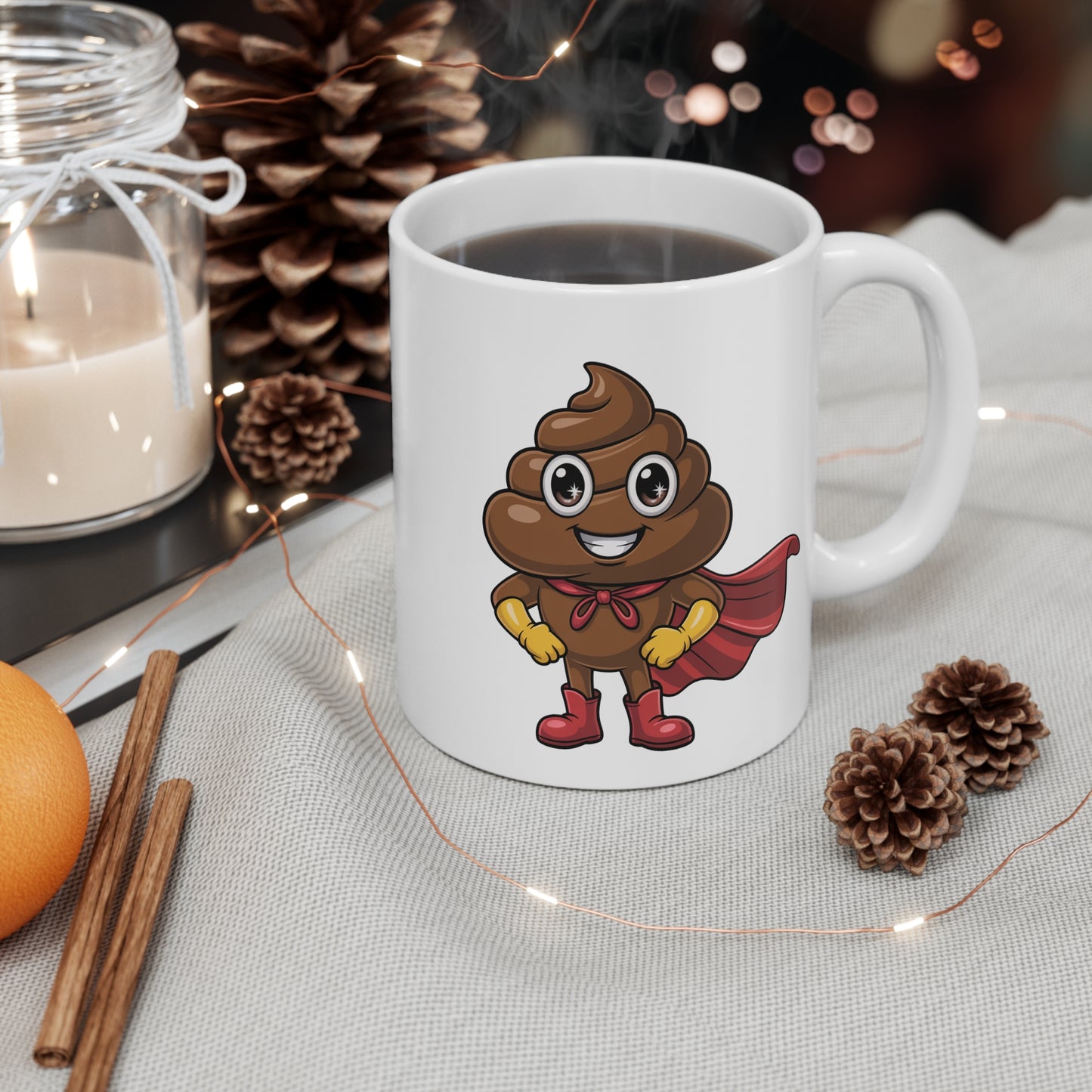 Mug Super Caca – Tasse Humoristique Héros Marron – Cadeau Drôle Cartoon Céramique 325ml