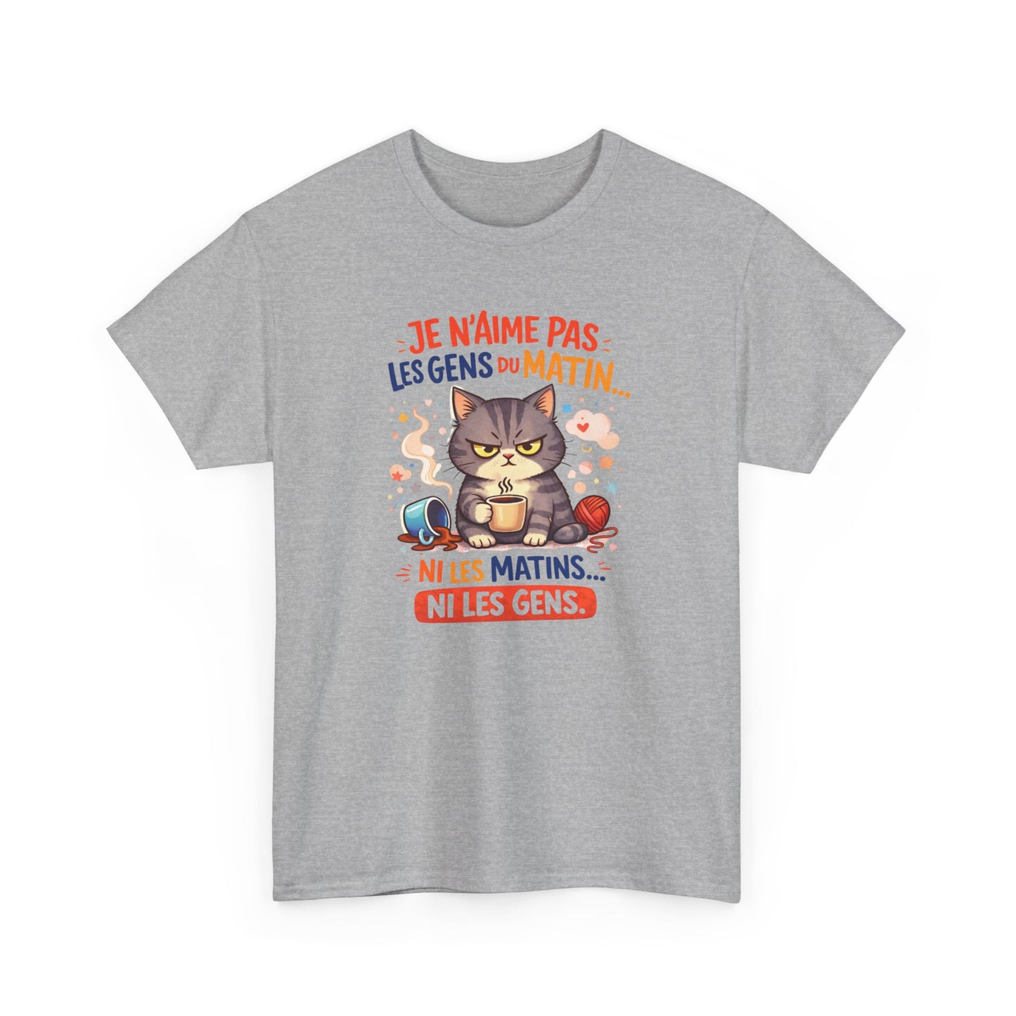 Tee Shirt Chat Humour Je n’aime pas les gens du matin – Amoureux du café drôle – Cadeau Blanc Gris Noir