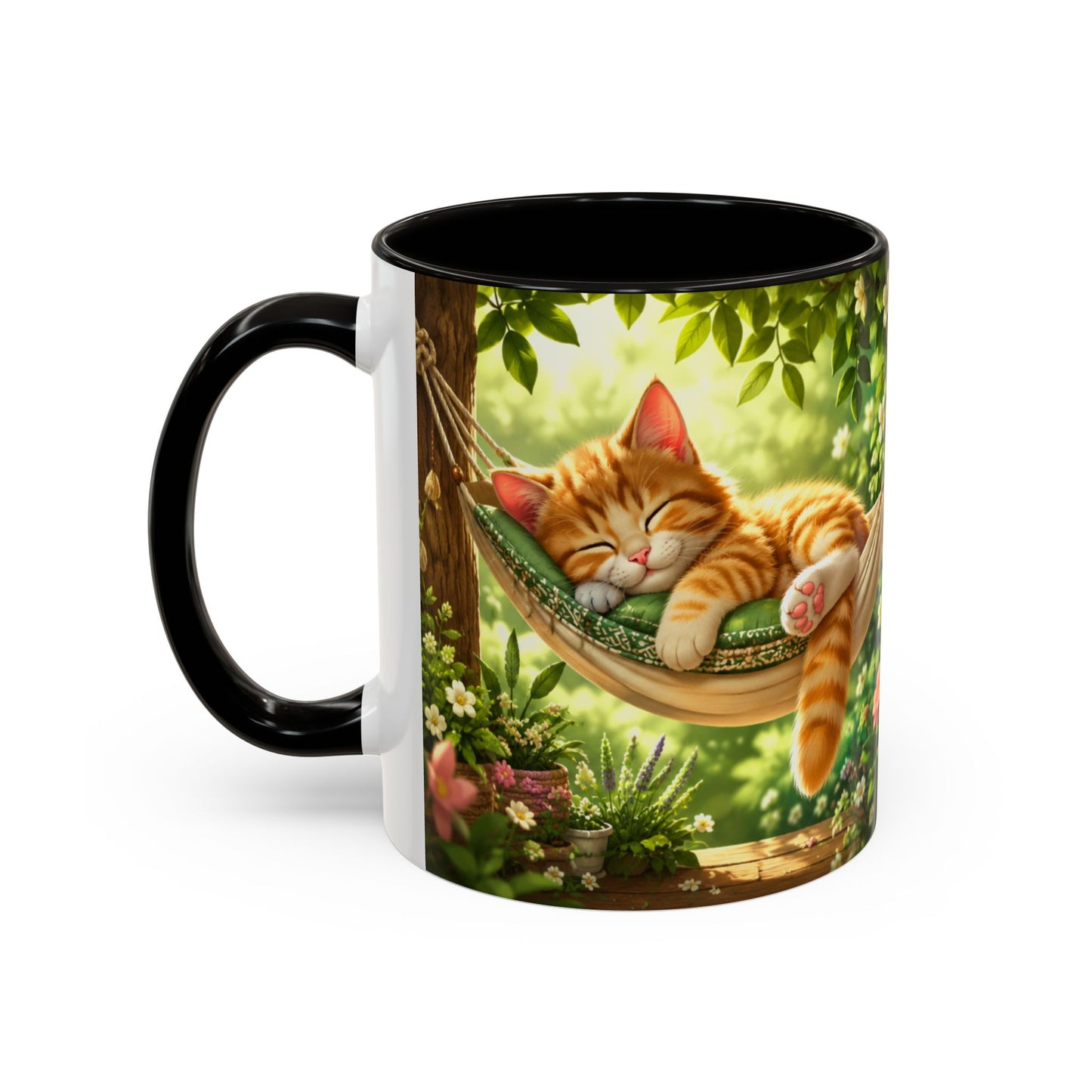 Tasse Chat Dormeur Kawaii – Mug Chaton Endormi Hamac Fleuri – Cadeau Amoureux des Chats 325ml