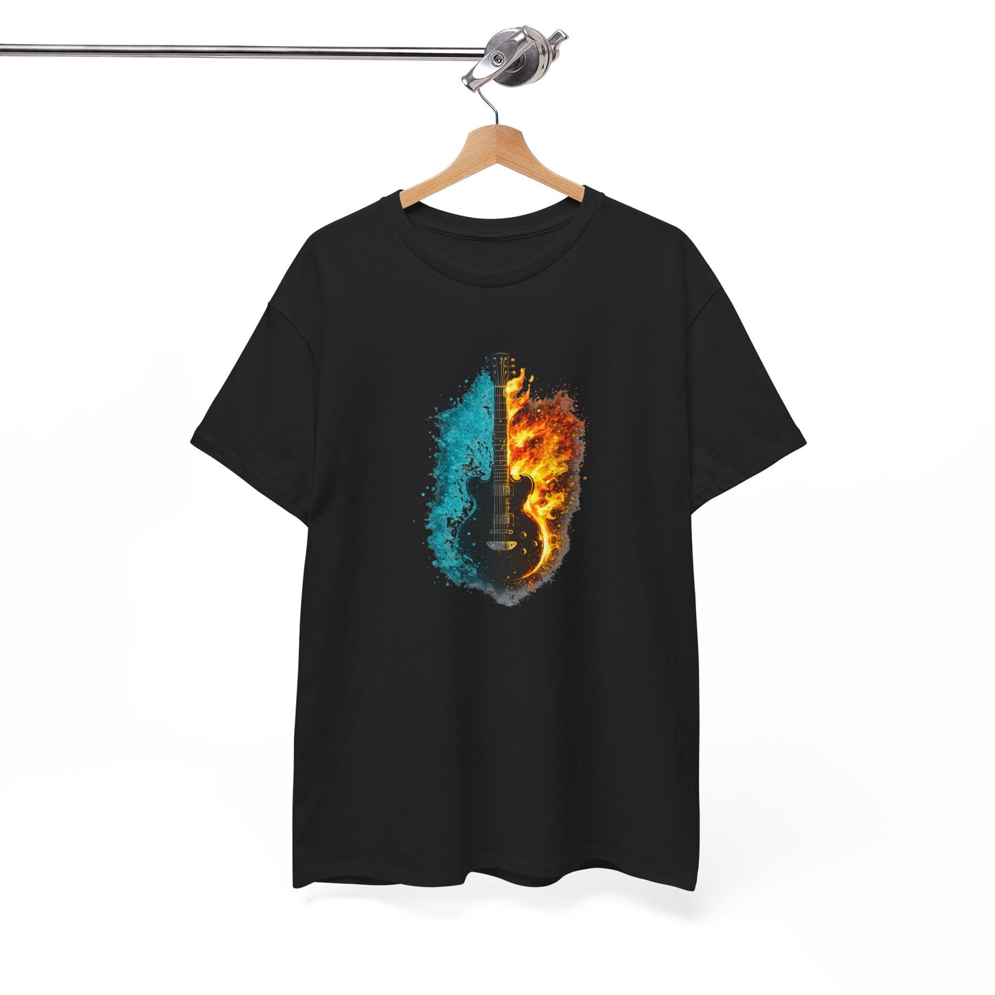 T-Shirt Guitare Feu et Glace – Design Électrique Artistique – Tee-Shirt Musique Rock Original