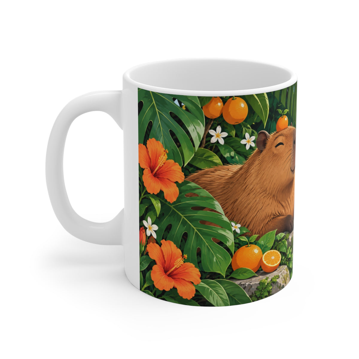 Mug Capybara dans un Paradis Tropical – Tasse Animal Mignon avec Cascade, Fleurs et Oranges – Cadeau Original Amoureux des Animaux