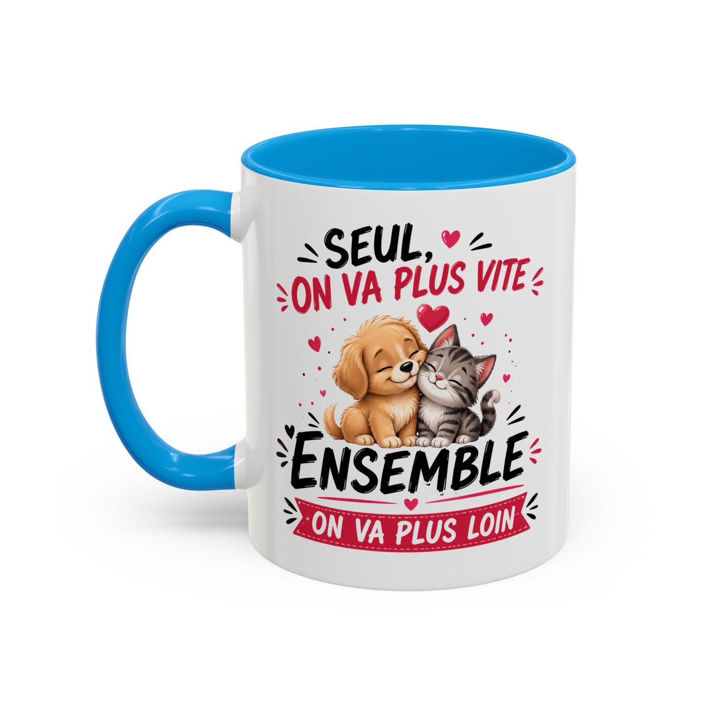 Tasse Seul On Va Plus Vite Ensemble On Va Plus Loin – Mug Chien Chat Amour Amitié – Cadeau Mignon 325ml