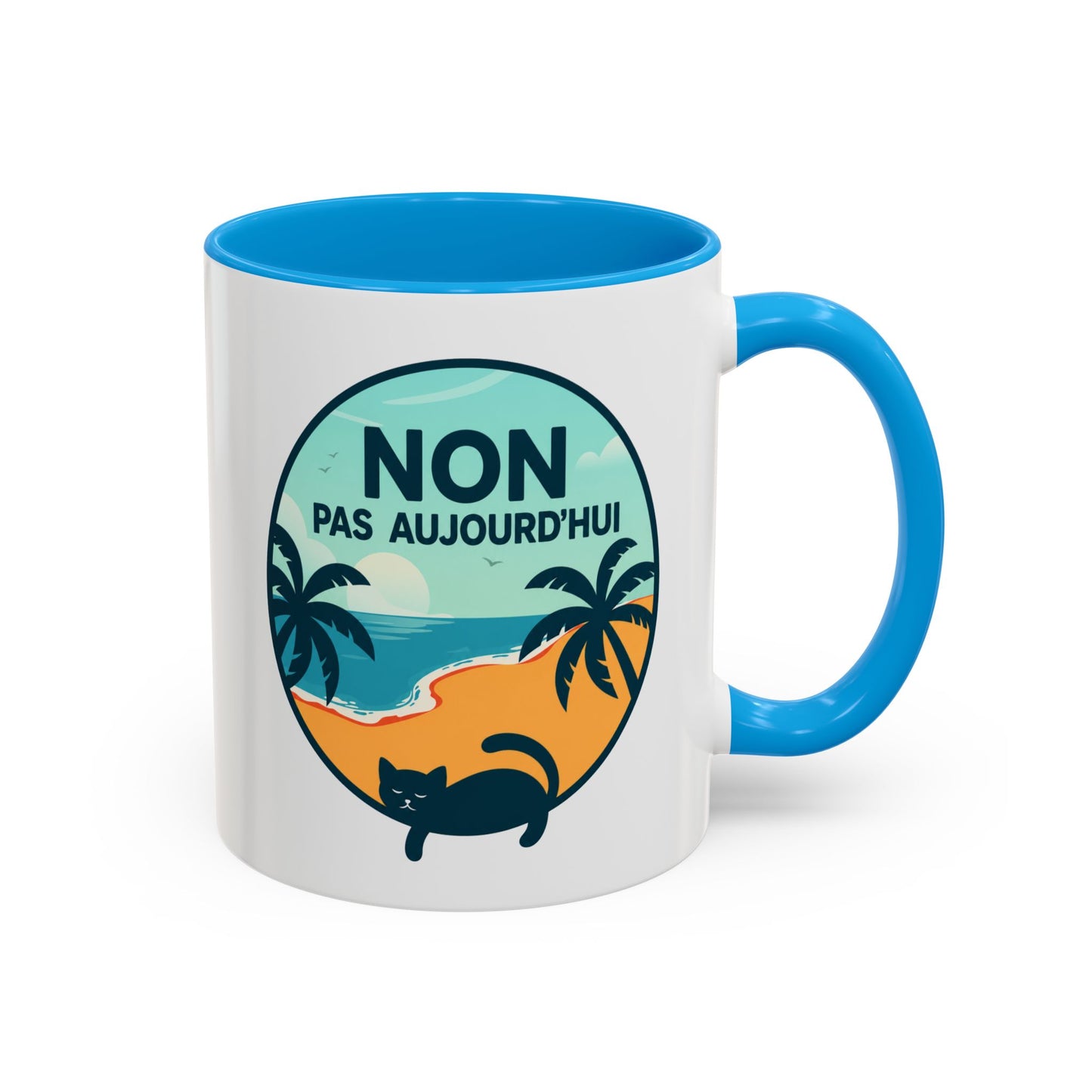 Tasse Chat Homme et Femme – Non Pas Aujourd'hui – Mug Humour Chat Relax Plage Vacances – Cadeau Original pour Amoureux des Chats – 325 ml