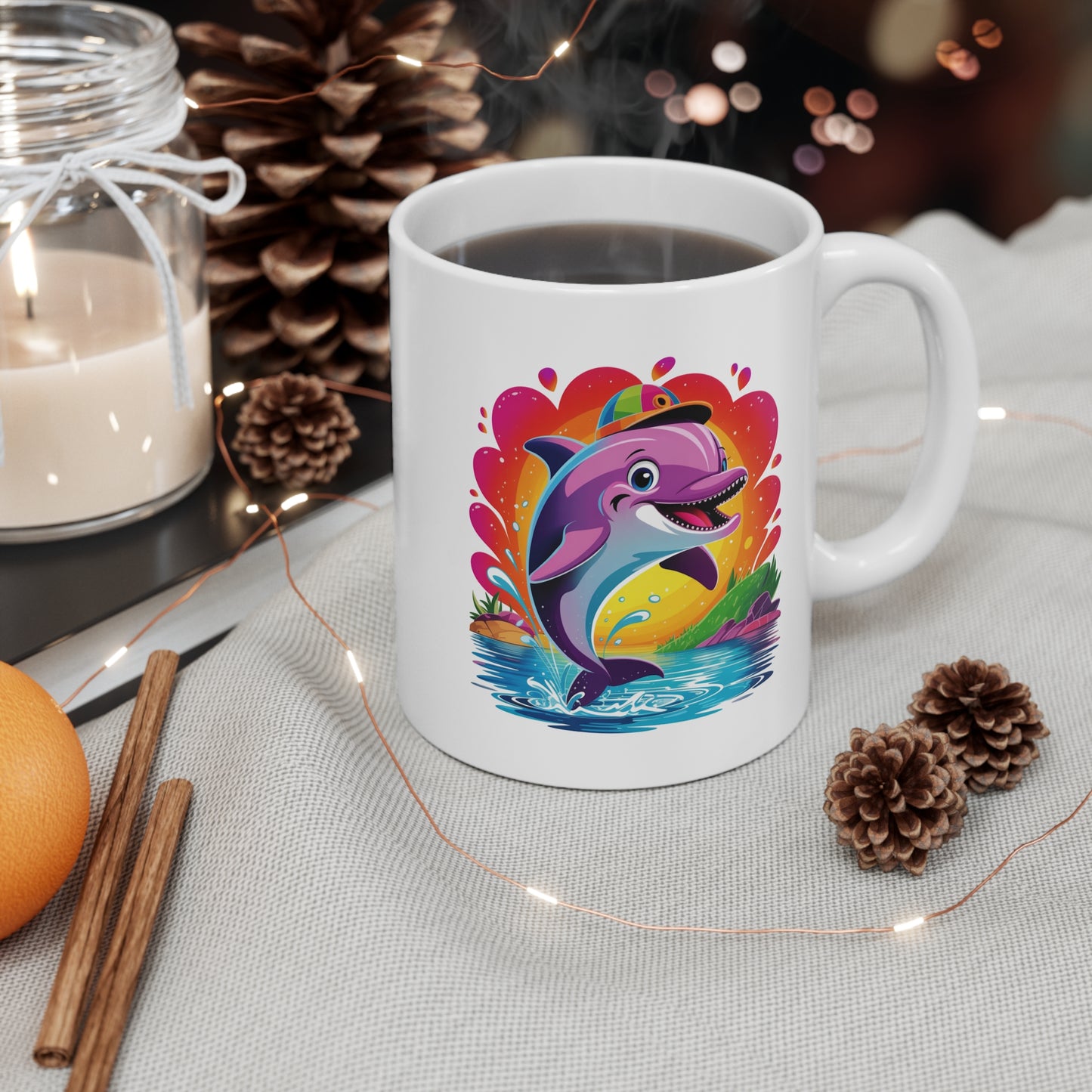Mug Dauphin Kawaii Coloré – Tasse Dolphin Fantaisie avec Casquette – Design Animal Marin Mignon et Arc-en-Ciel – Cadeau Original pour Enfants et Fans de Kawaii – Mug Céramique 325ml