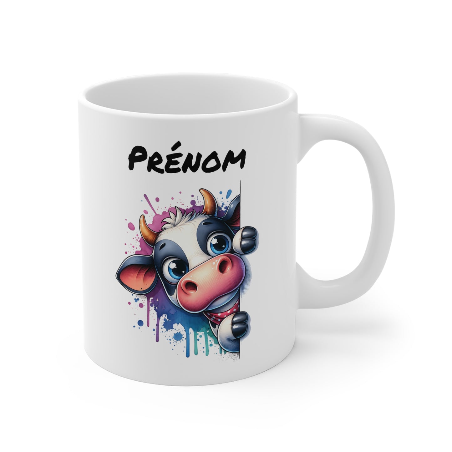 Tasse Personnalisable Vache Tachetée – Mug Prénom Illustration Colorée – Cadeau Animal Ferme Adorable 325ml