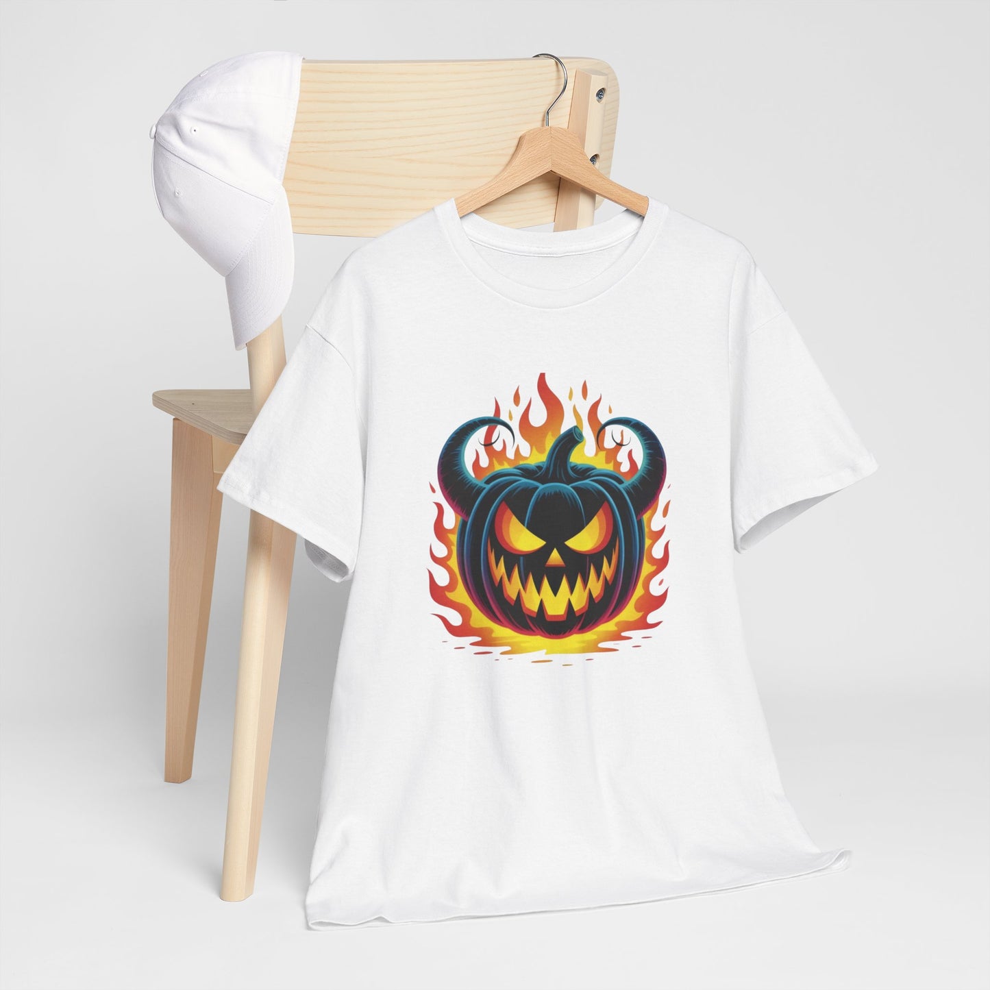 T-Shirt Halloween Citrouille Démoniaque Feu Adulte – Tee Shirt Jack O Lantern Effrayant – Design Horreur Fantaisie Noir Blanc Gris