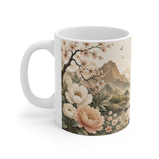 Tasse Paysage Japonais Fleuri – Mug Nature Zen Vintage – Cadeau Homme Femme Enfant 325ml