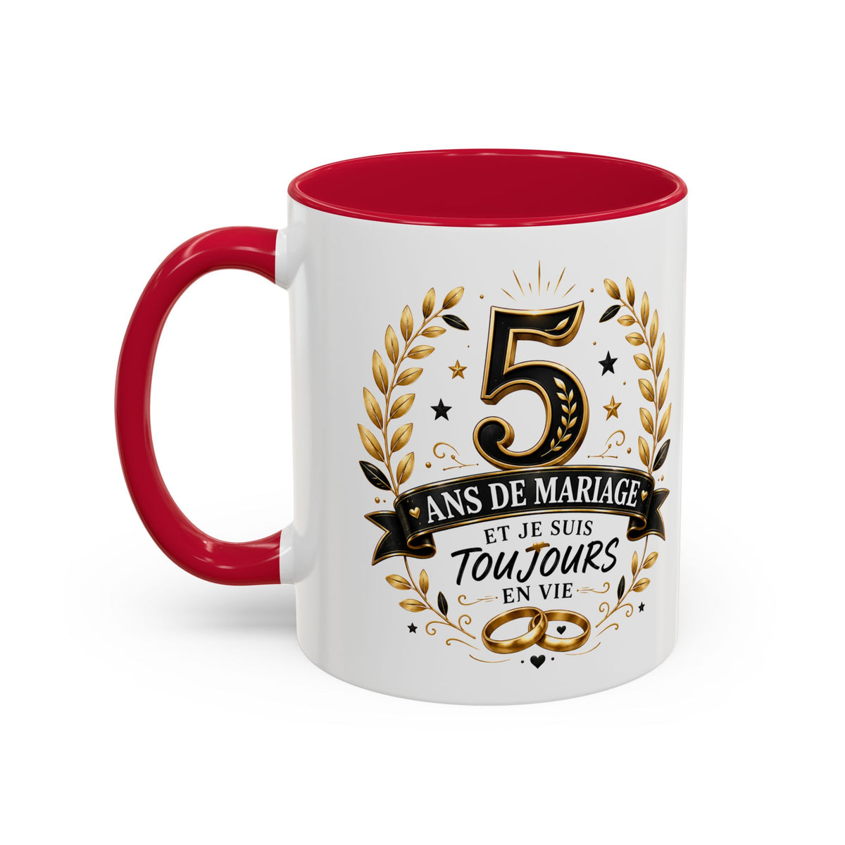 Mug 5 Ans de Mariage et Je Suis Toujours en Vie – Tasse Humoristique Anniversaire de Mariage – Idée Cadeau Couple Noces de Bois noir bleu rouge