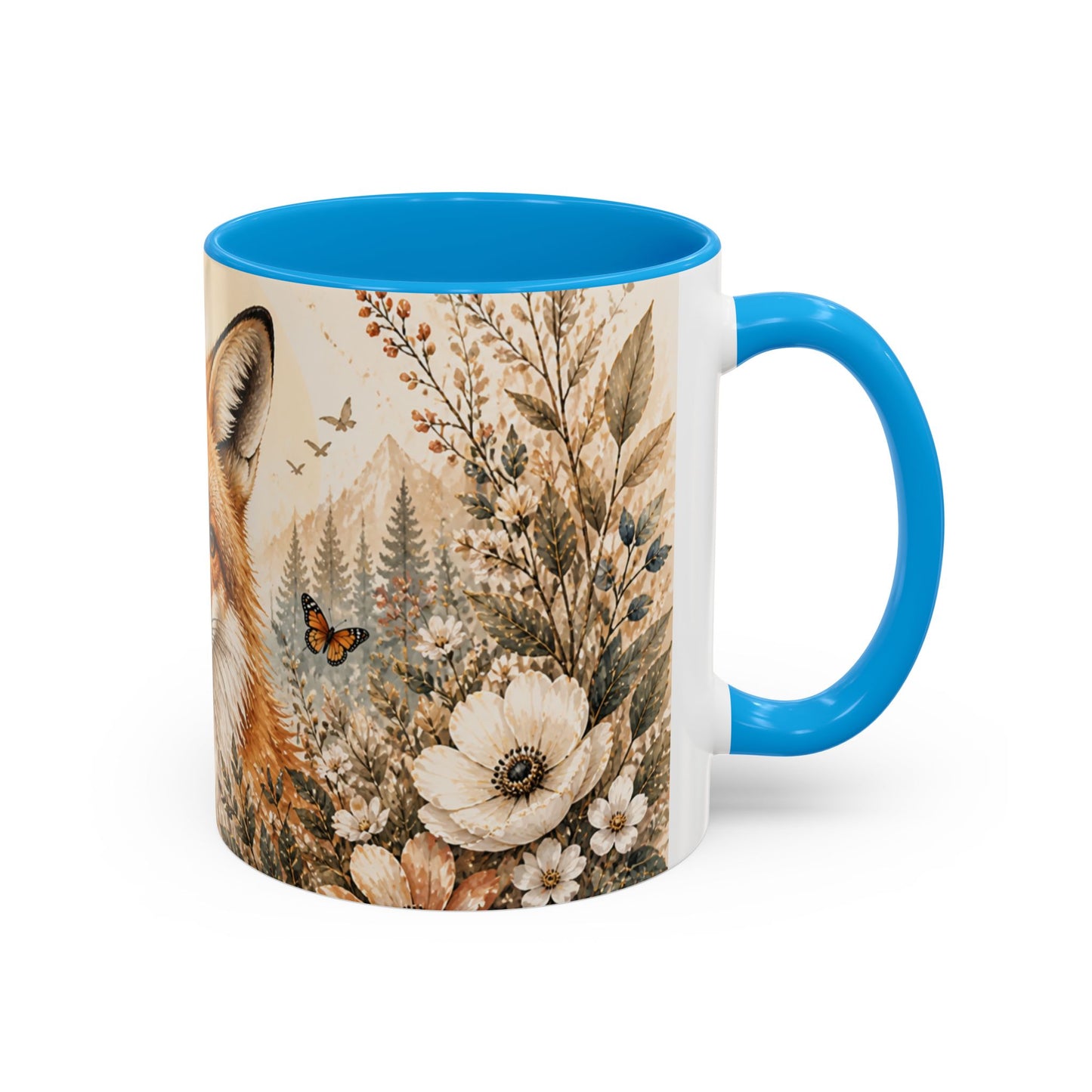 Tasse Renard Floral Bohème – Mug Renard Aquarelle avec Fleurs Sauvages et Papillons – Design Nature Chic 325ml