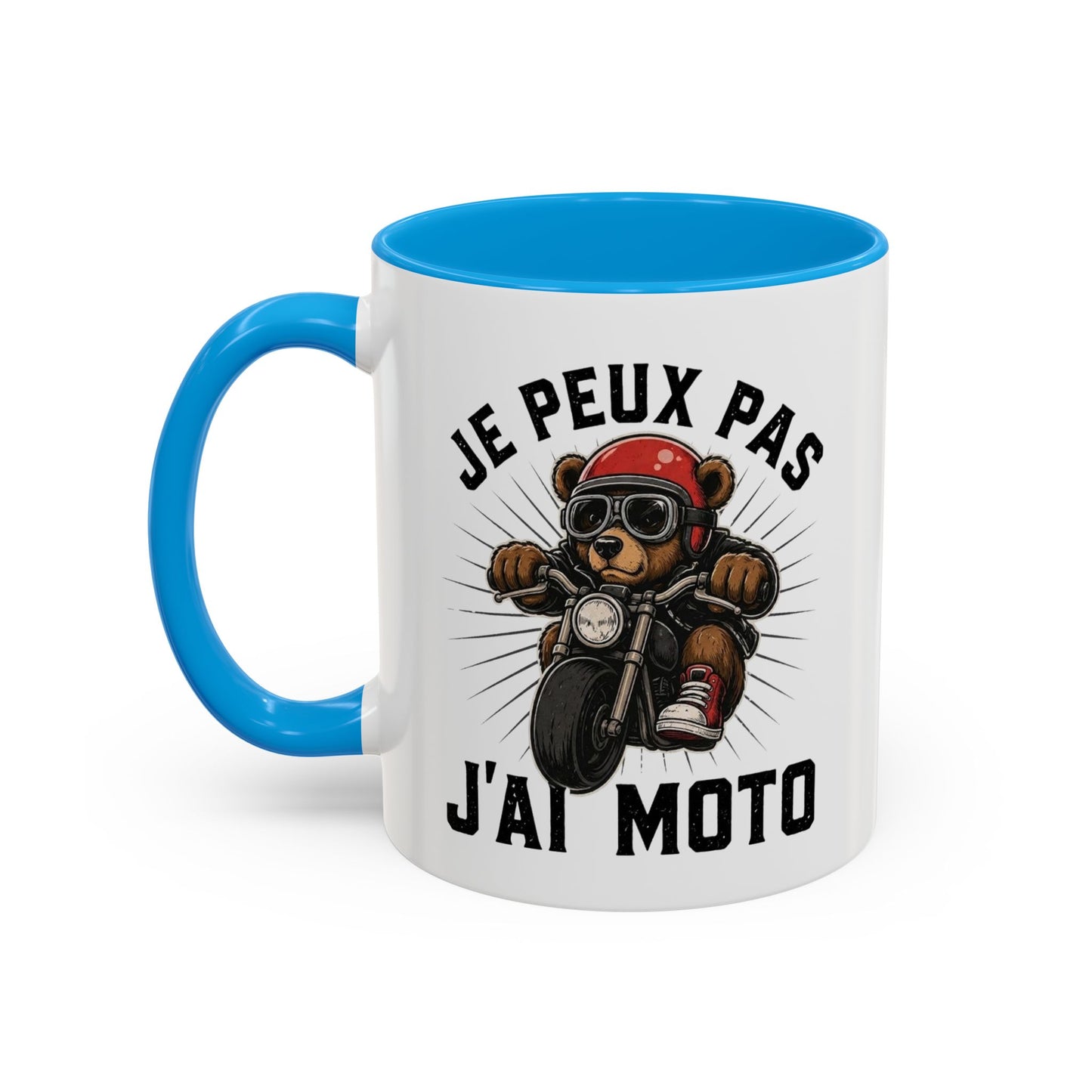 Mug Je Peux Pas J’ai Moto – Tasse Ours Motard Drôle Vintage – Cadeau Original Passionné de Moto et Biker – Céramique 325ml Noir Bleu Rouge