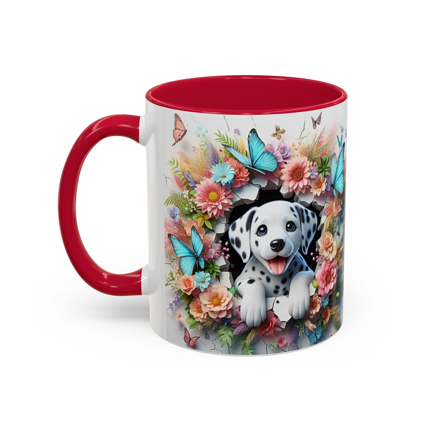 Mug Dalmatien Kawaii – Tasse Chiot Dalmatien avec Fleurs Pastel et Papillons Bleus – Cadeau Amoureux des Chiens 325ml
