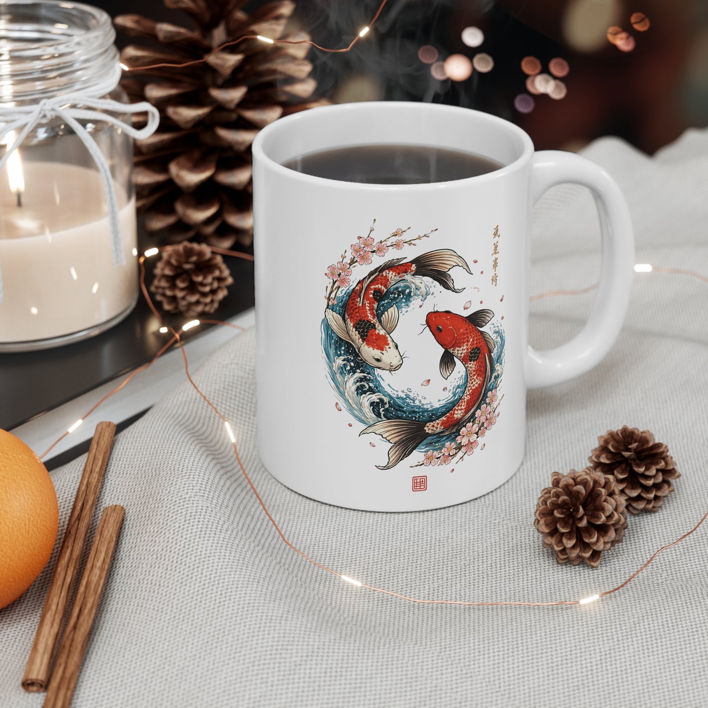 Mug Carpes Koi Japonaises – Tasse Art Japonais Yin Yang – Fleurs de Cerisier – Cadeau Zen et Nature 325 ml