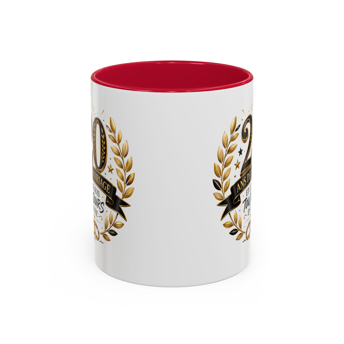 Mug 20 Ans de Mariage et Je Suis Toujours en Vie – Tasse Humoristique Anniversaire de Mariage – Idée Cadeau Couple Noces de Porcelaine noir bleu rouge