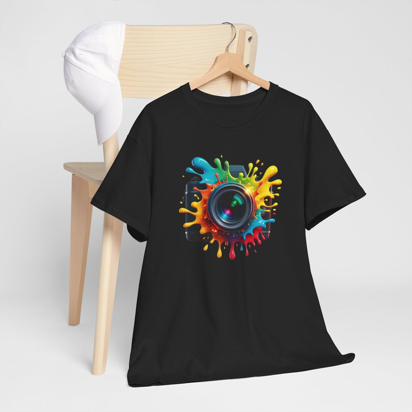 T-Shirt Photographie Appareil Photo Coloré – Tee Shirt Camera Splash Art – Cadeau Photographe Original Noir Blanc Gris