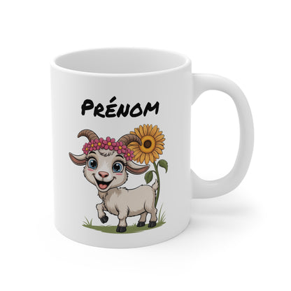 Tasse Personnalisable Chèvre 325ml – Mug Cartoon Mignon Tournesol & Fleurs avec Prénom – Cadeau