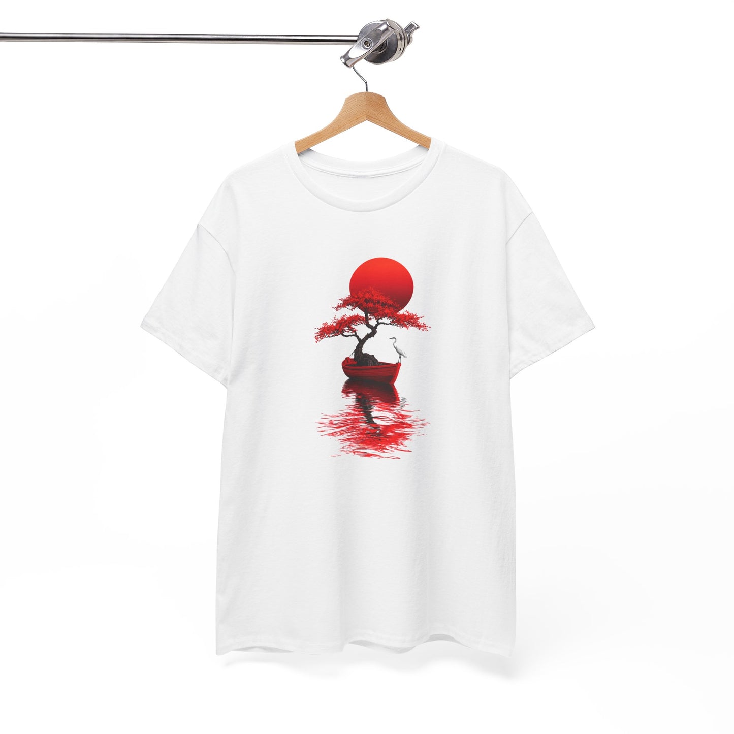 Tee Shirt Homme et Femme Japonais Bonsaï Héron Soleil Rouge Paysage Zen Nature Asiatique Art Traditionnel