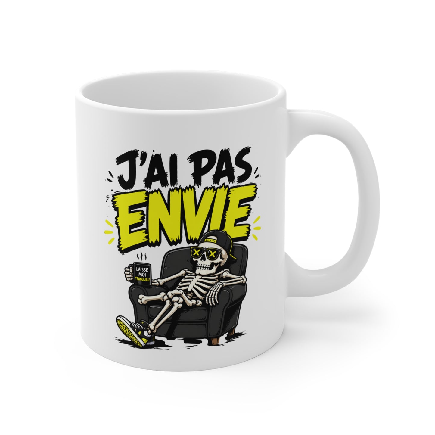 Tasse J’Ai Pas Envie – Mug Humour Squelette Fatigué – Cadeau Drôle Sarcastique Homme Femme 325ml