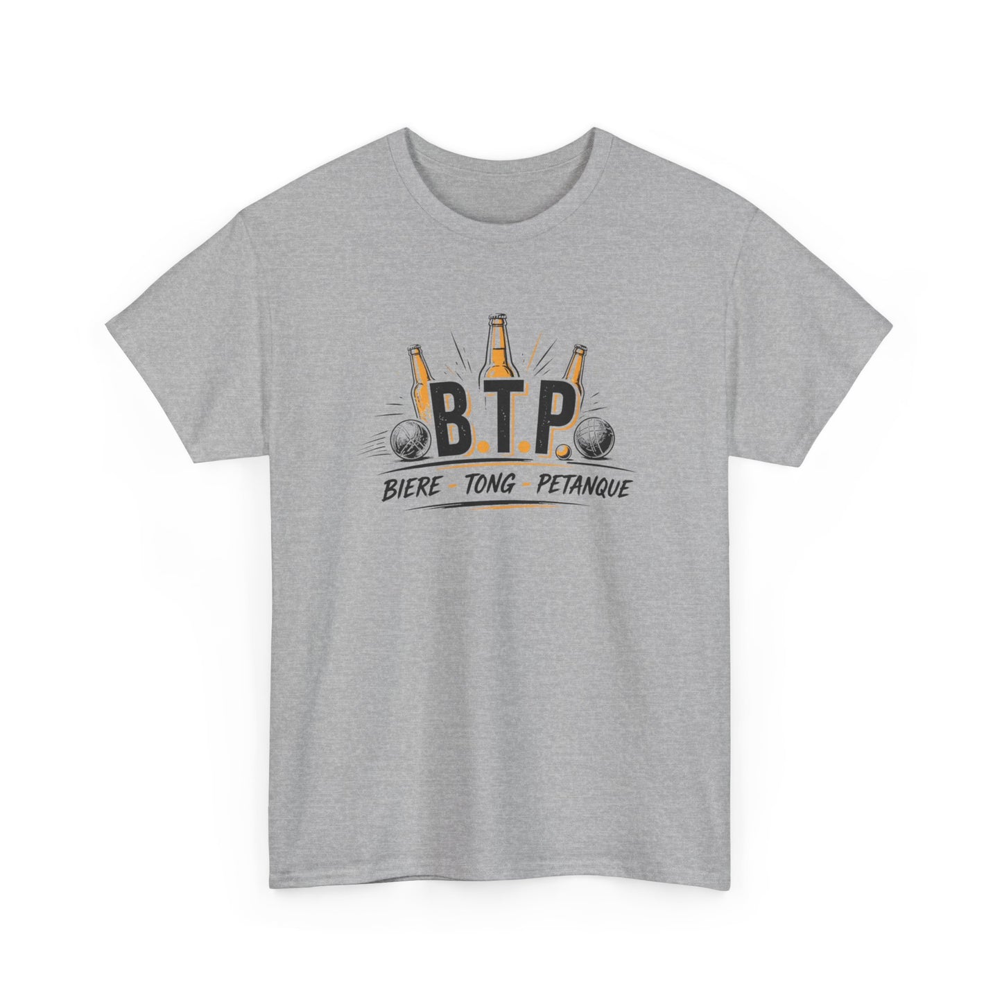 T-Shirt BTP Bière Tong Pétanque Homme Femme – Tee Shirt Humour Apéro Pétanque – Cadeau Été Vacances Noir Blanc Gris