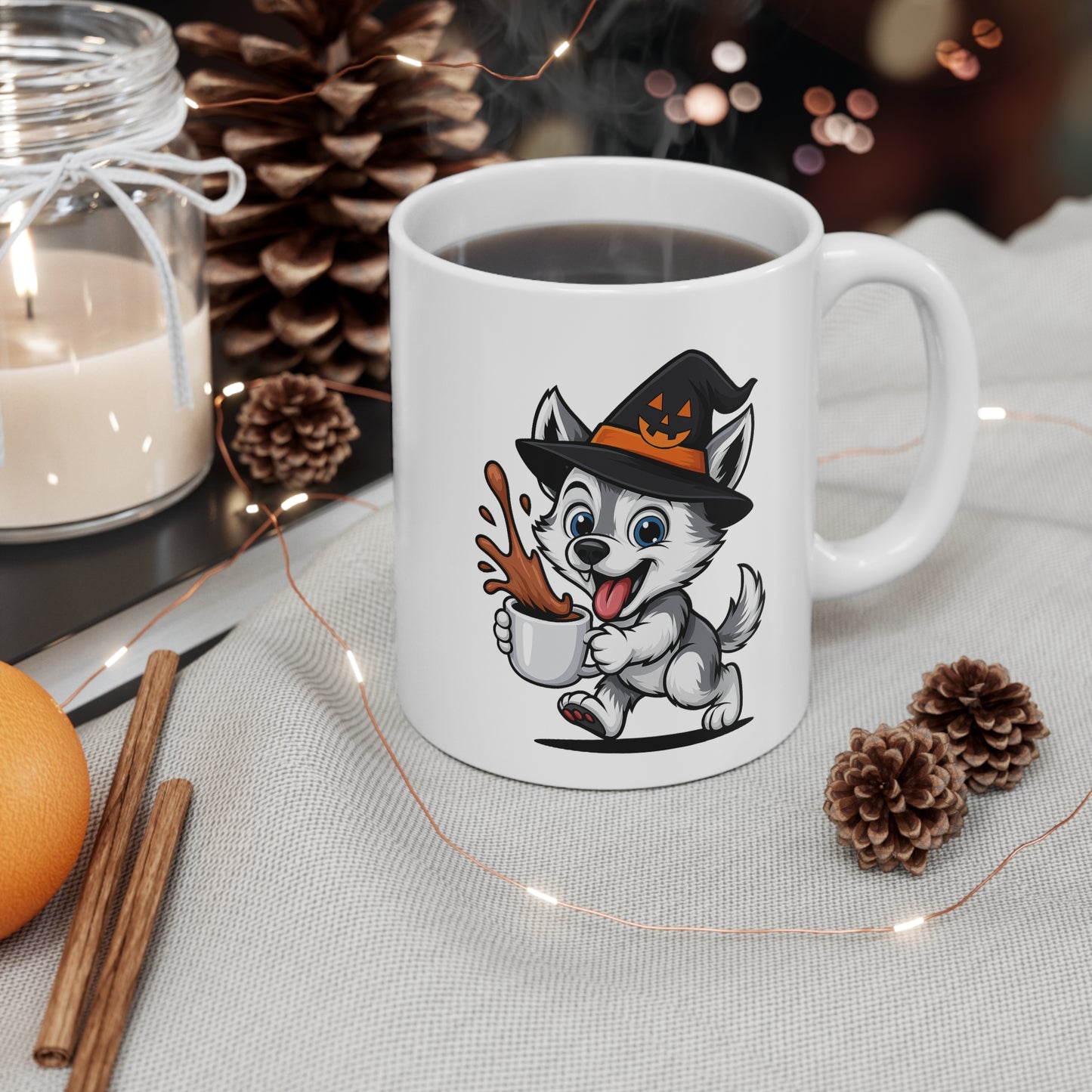 Mug Loup Sorcier Café – Tasse Céramique 325ml – Illustration Animalière Drôle Halloween