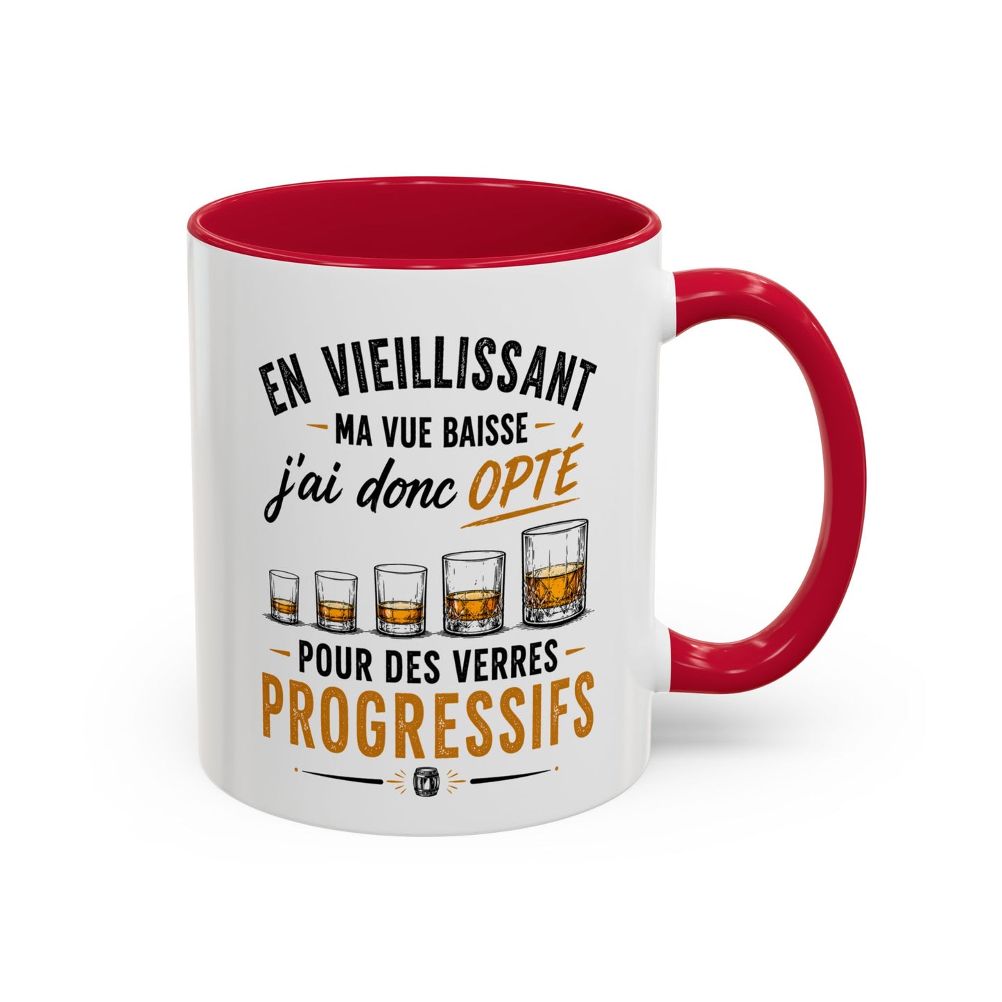 Mug Humour Whisky et Vieillesse – En Vieillissant Ma Vue Baisse J’ai Donc Opté pour des Verres Progressifs – Cadeau Drôle Amateur Whisky 325ml
