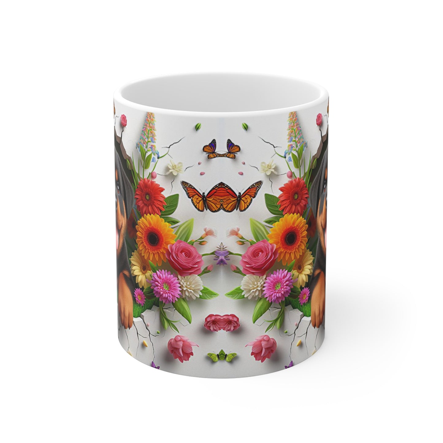 Tasse Céramique Rottweiler et Fleurs – Mug Chien Mignon Papillons – Cadeau Animaux Bohème 325ml