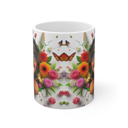 Tasse Céramique Rottweiler et Fleurs – Mug Chien Mignon Papillons – Cadeau Animaux Bohème 325ml