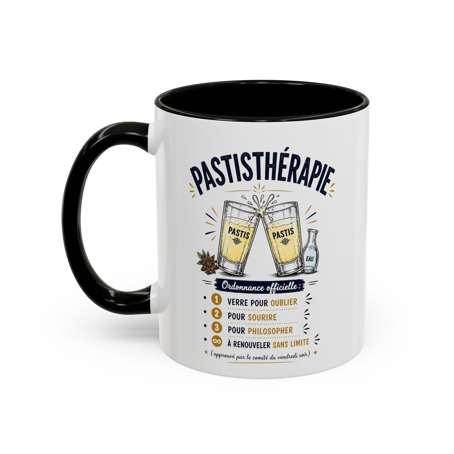 Mug Pastisthérapie Drôle – Tasse Humour Apéro Pastis – Cadeau Original Amateur de Pastis – Céramique 325ml Noir Bleu Rouge