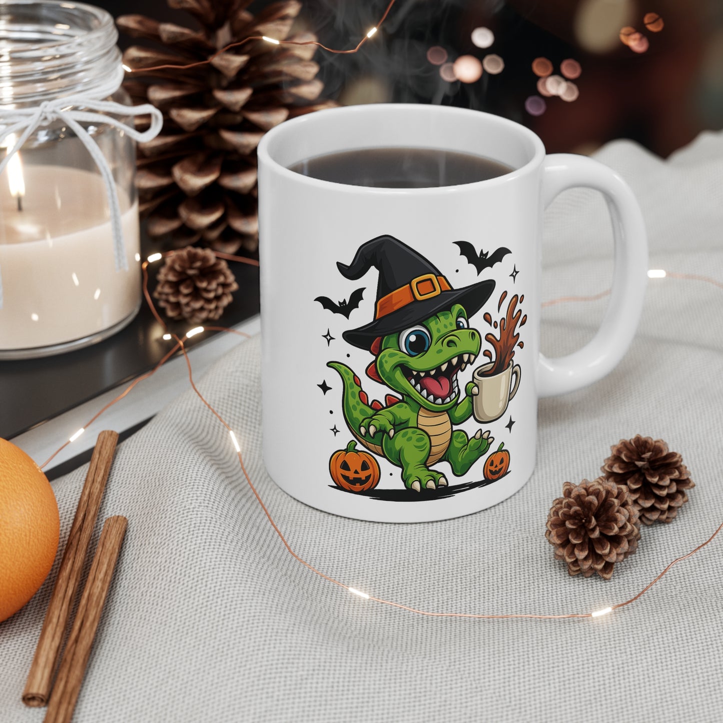 Mug Dinosaure Sorcier Café – Tasse Céramique 325ml – Illustration Drôle Halloween avec Citrouilles