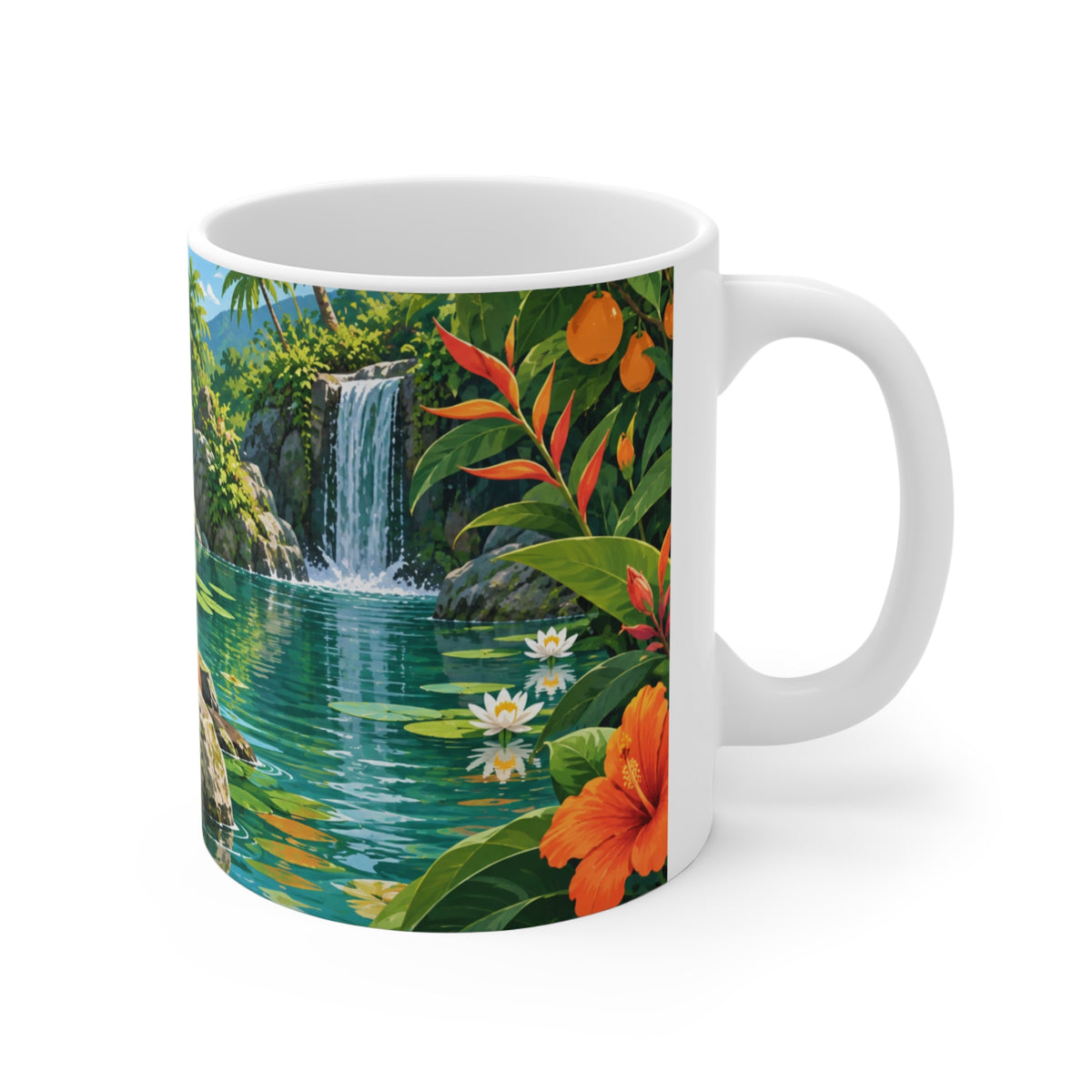 Mug Capybara dans un Paradis Tropical – Tasse Animal Mignon avec Cascade, Fleurs et Oranges – Cadeau Original Amoureux des Animaux