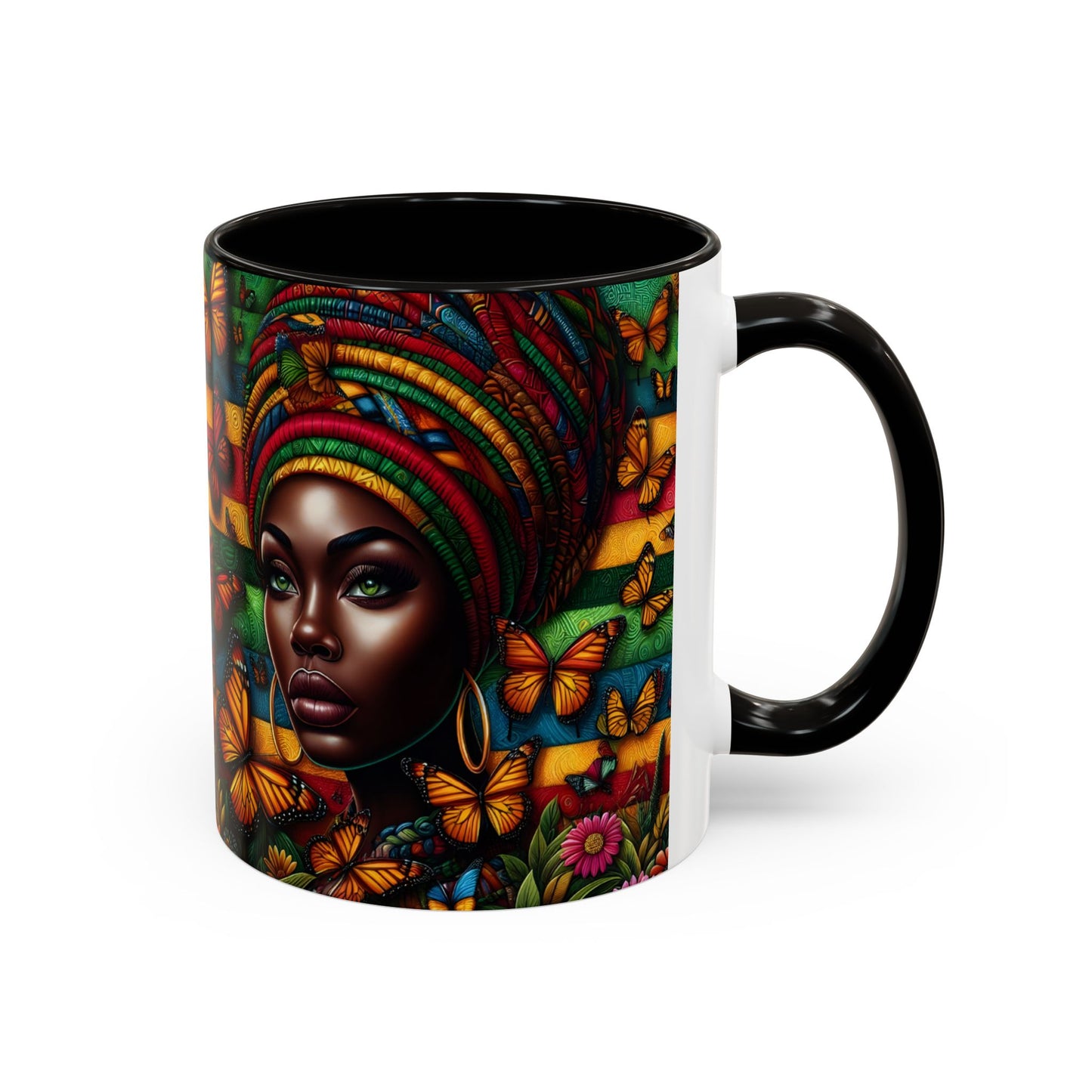 Mug Femme Afro Art Coloré – Tasse Portrait Afro avec Papillons et Motifs Tropicaux – Design Bohème 325ml