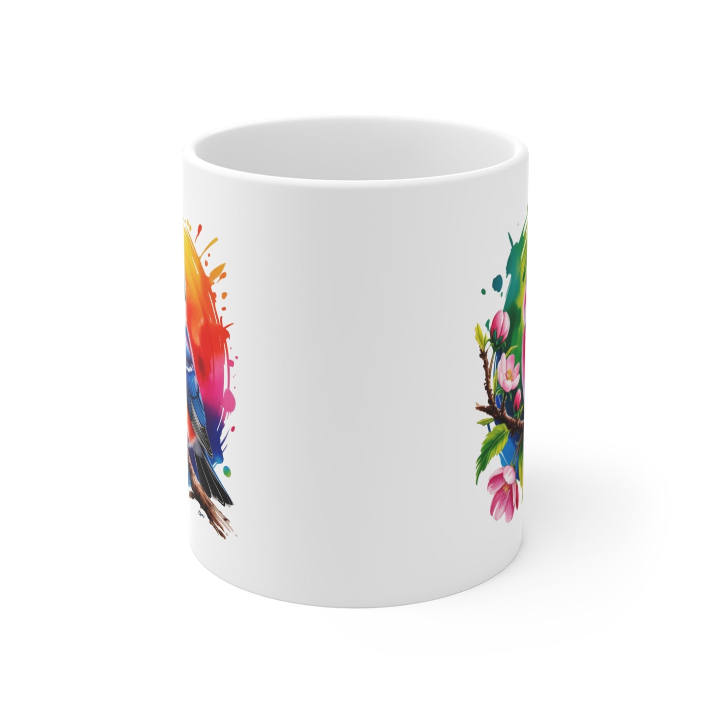 Mug Oiseau Kawaii avec Fleurs – Tasse Petit Oiseau Coloré Arc-en-Ciel – Design Animal Mignon et Printanier – Cadeau Original pour Enfants, Filles et Amoureux des Oiseaux – Céramique 325ml