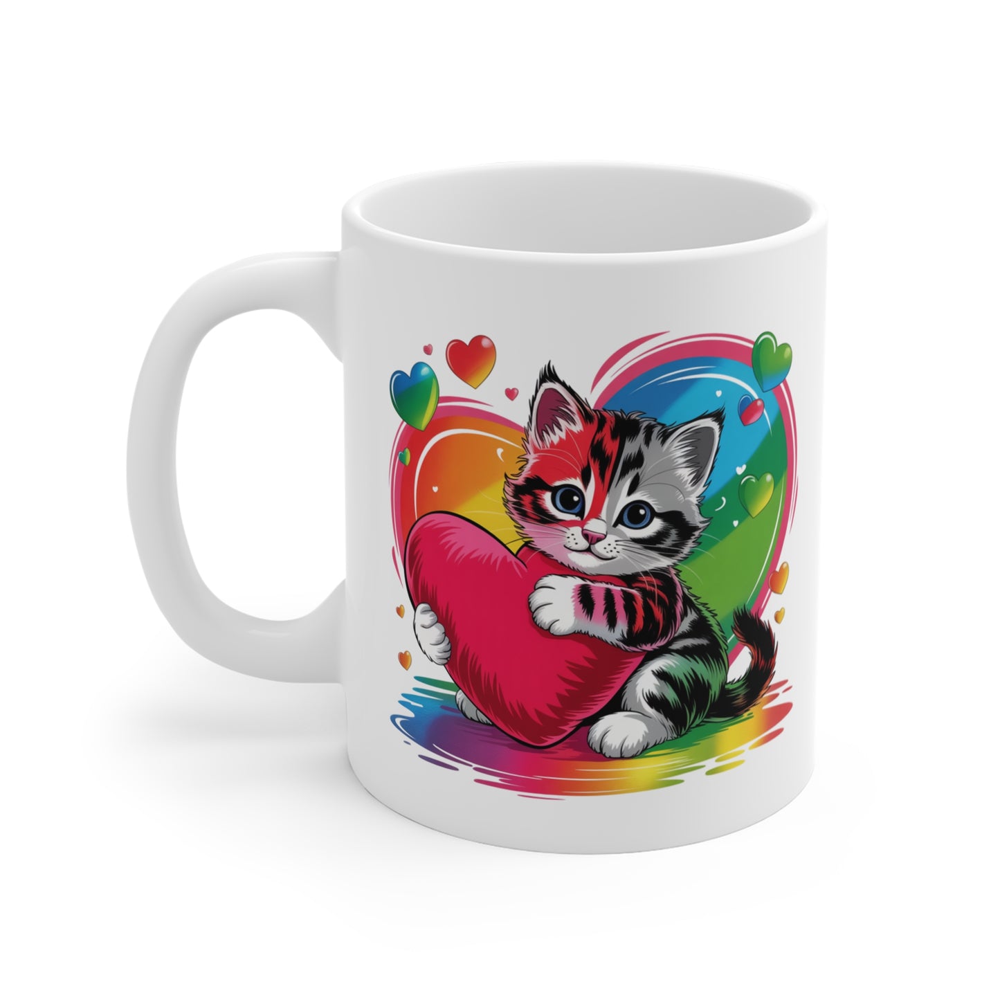 Tasse Chaton Mignon avec Cœur – Mug Kawaii Arc-en-Ciel et Love – Design Cute et Coloré – Cadeau Original Femme, Enfant et Amoureux des Chats – Céramique 325ml