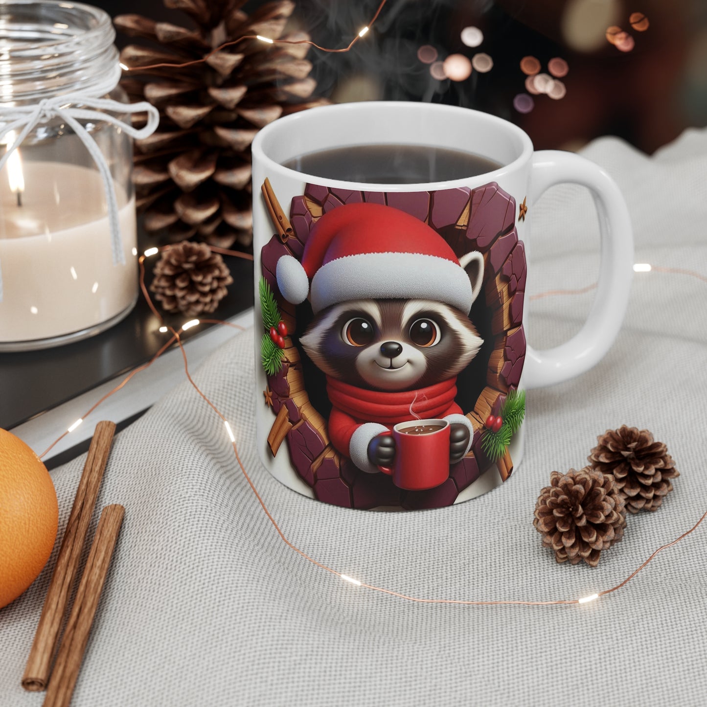 Tasse Raton Laveur Noël – Mug Céramique 325ml – Cadeau Hivernal Fantaisie Animaux Festifs