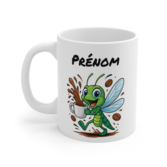 Mug Libellule Caféinée Personnalisable – Tasse Céramique 325ml avec Prénom – Design Cartoon Drôle