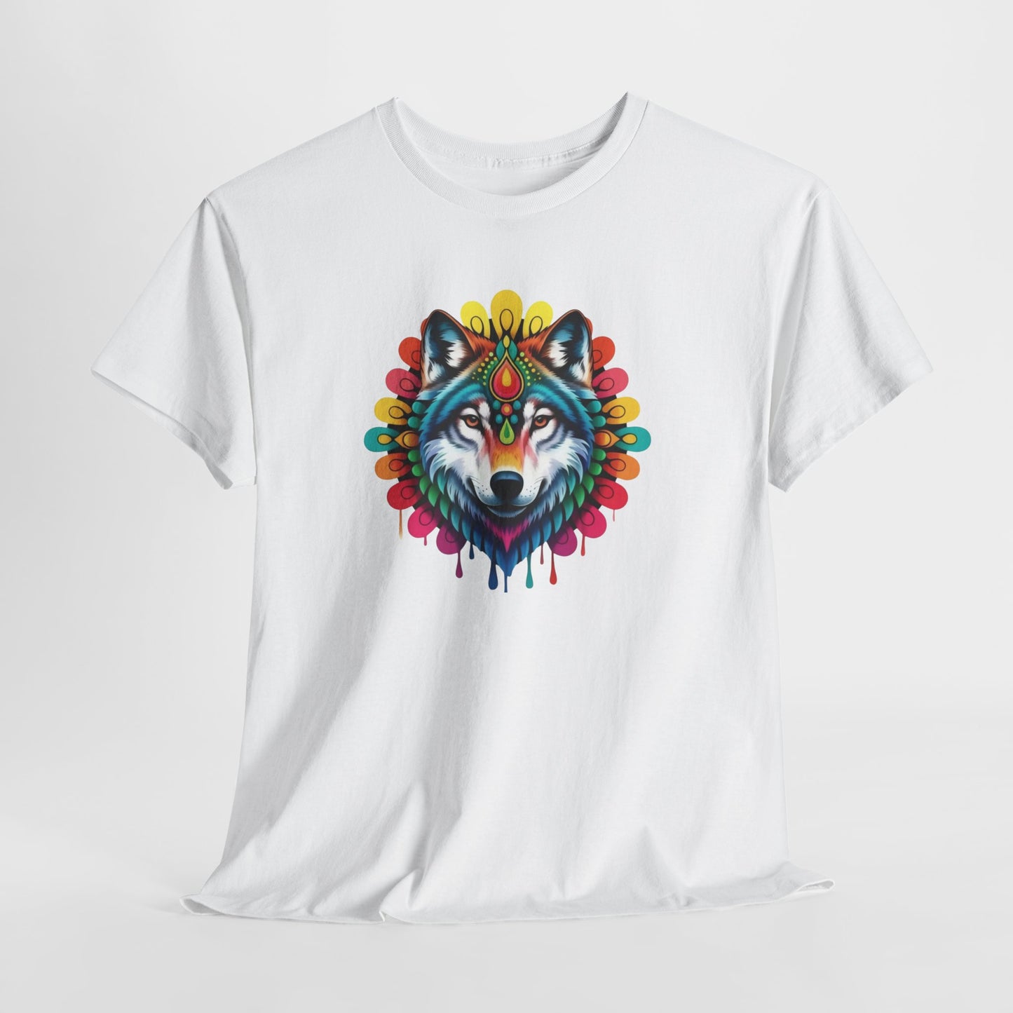 T-Shirt Loup Coloré Mandala – Tee Shirt Wolf Spirituel Tribal – Cadeau Original Animal Mystique Noir Blanc Gris