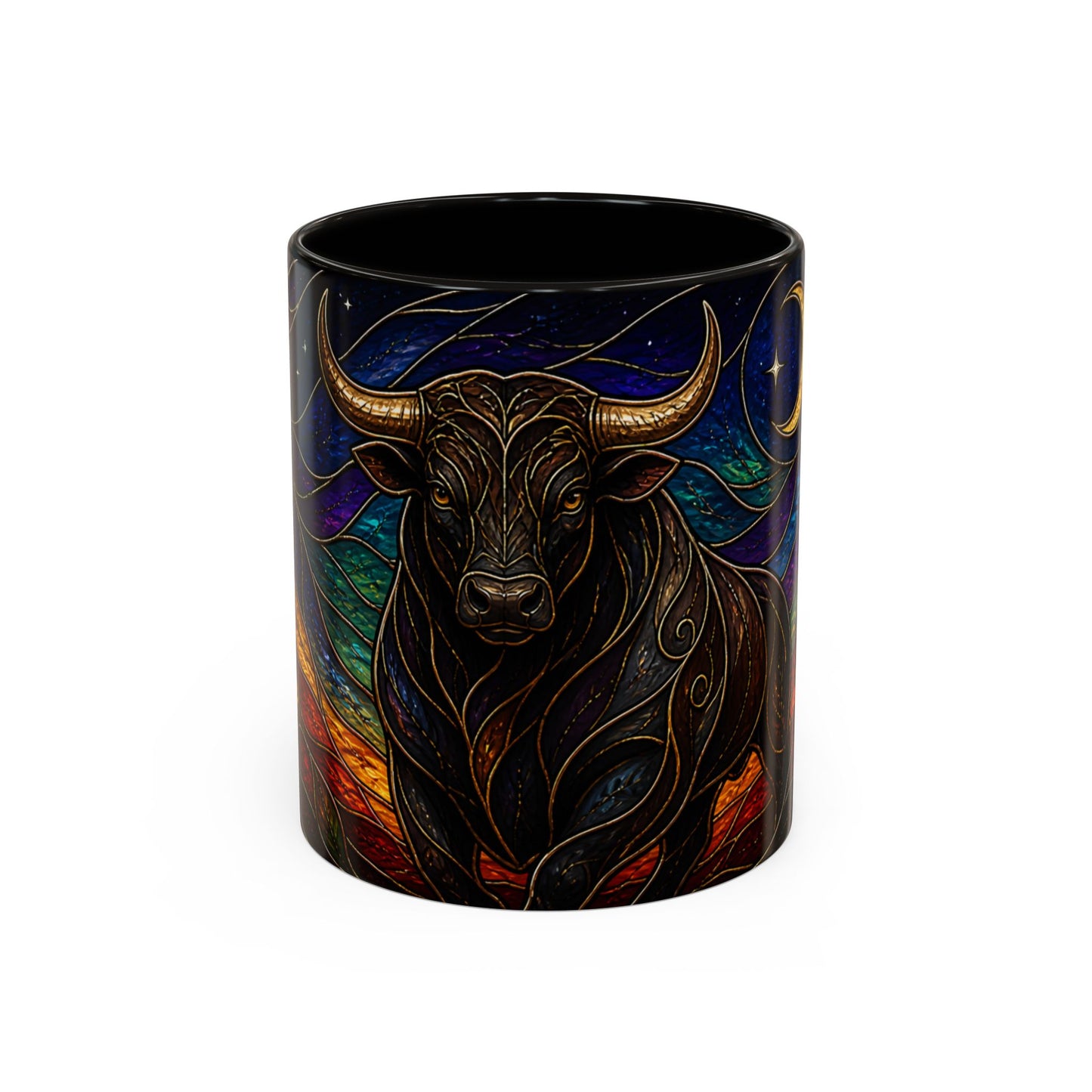 Tasse Taureau Style Vitrail – Mug Artistique Multicolore avec Lune et Taureau Mystique – Céramique 325ml